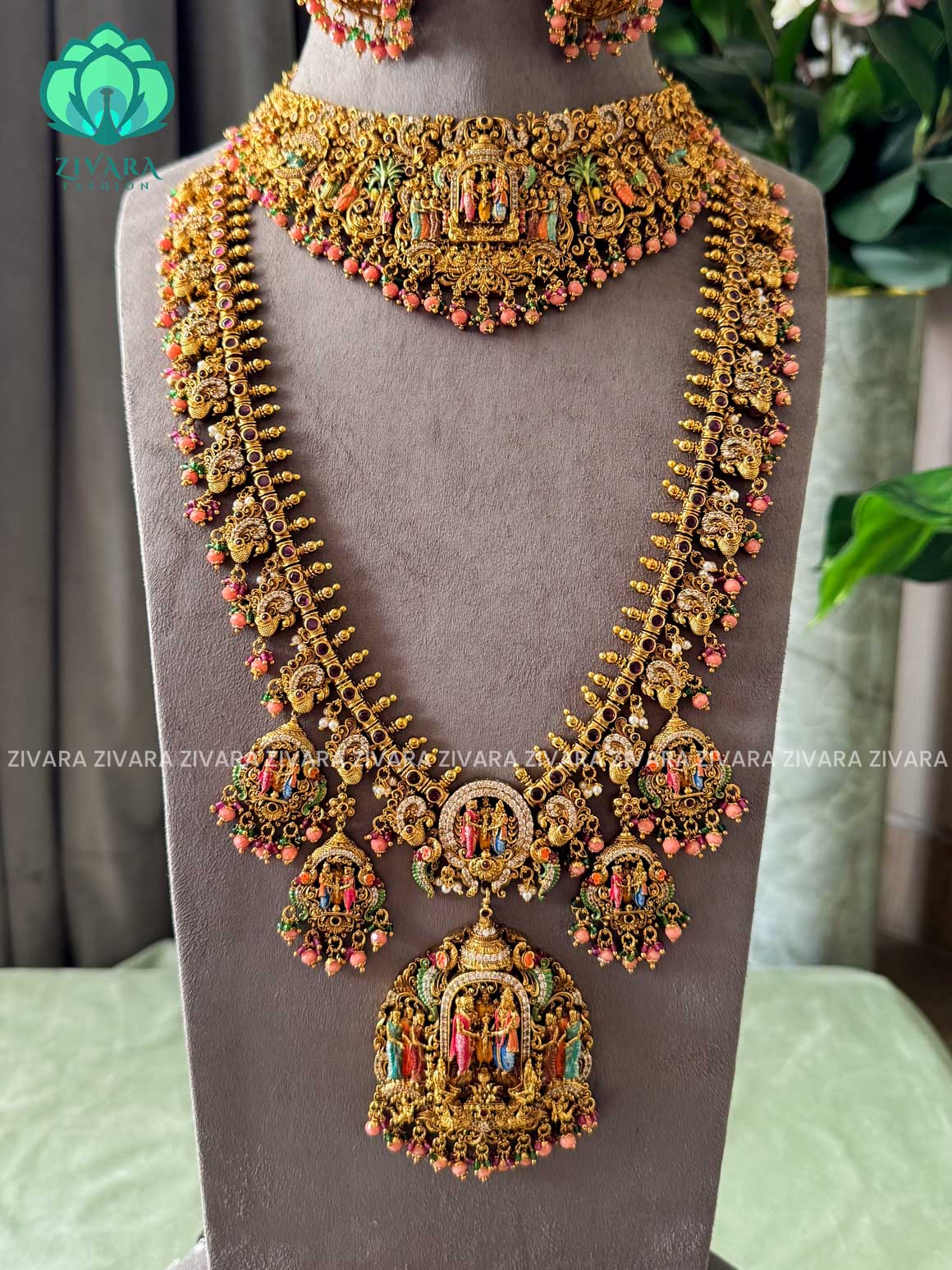 MADHURYA -  GRAND BRIDAL VINTAGE FINISH  MEENAKSHI KALYANAM SET handpainted - Traditional south indian premium neckwear with earrings- Zivara Fashion