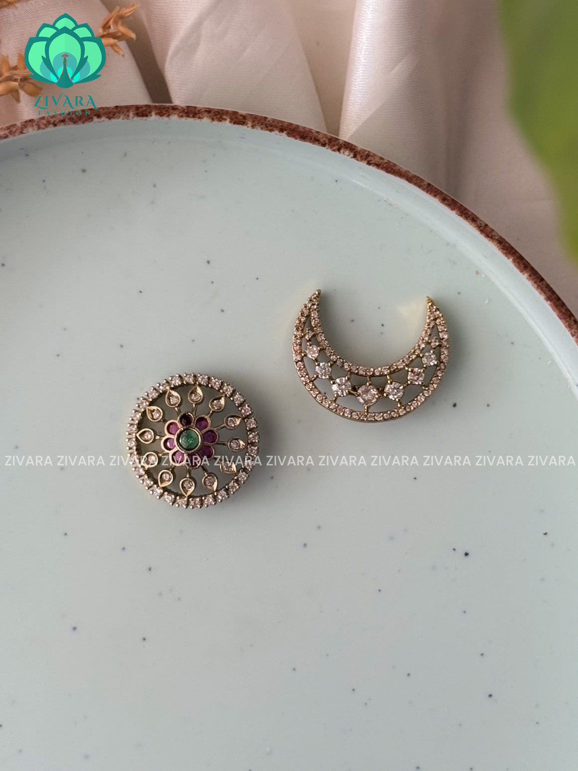 RUBY GREEN WHITE - SUN MOON - SURYA CHANDRA - TRADITIONAL(1 INCH) REAL KEMP  HAIR ACCESSORIES- ZIVARA FASHION