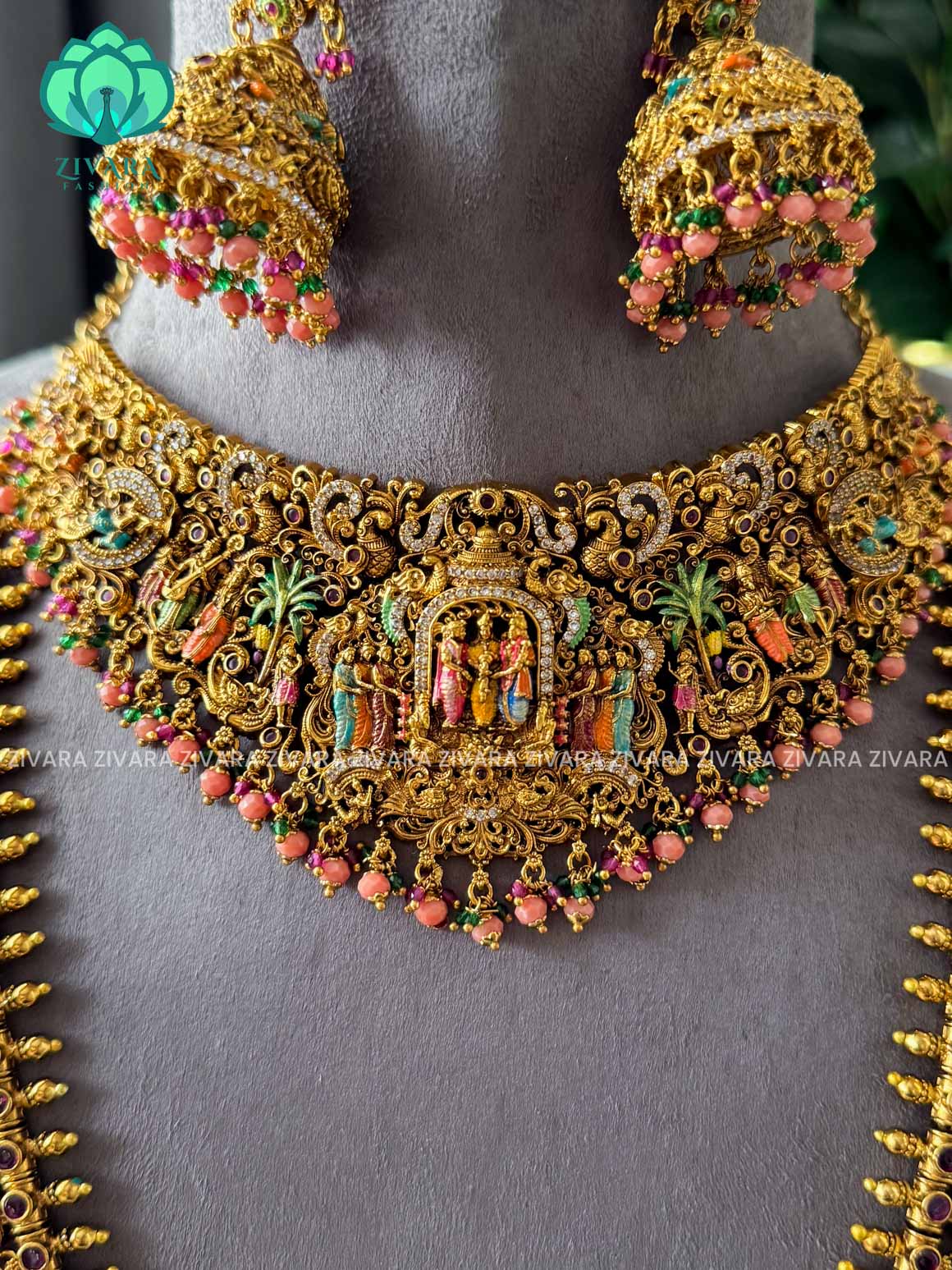 MADHURYA -  GRAND BRIDAL VINTAGE FINISH  MEENAKSHI KALYANAM SET handpainted - Traditional south indian premium neckwear with earrings- Zivara Fashion