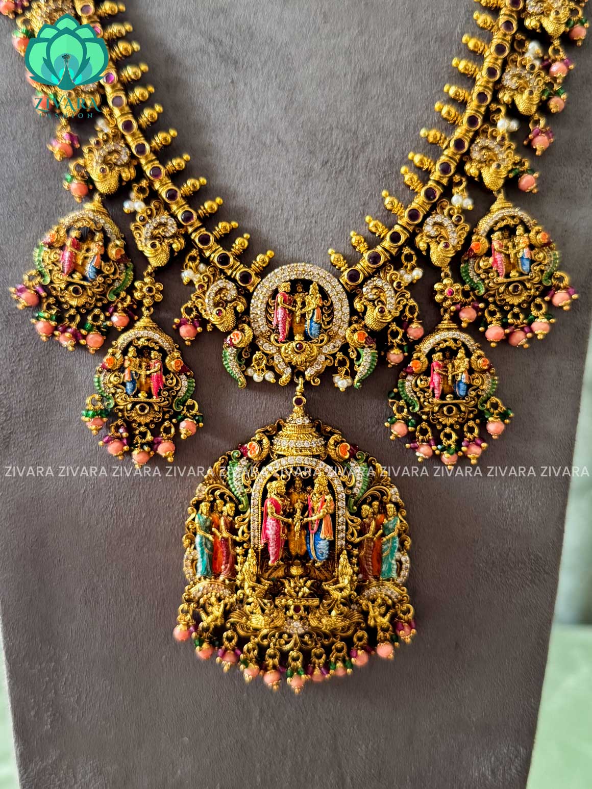 MADHURYA -  GRAND BRIDAL VINTAGE FINISH  MEENAKSHI KALYANAM SET handpainted - Traditional south indian premium neckwear with earrings- Zivara Fashion