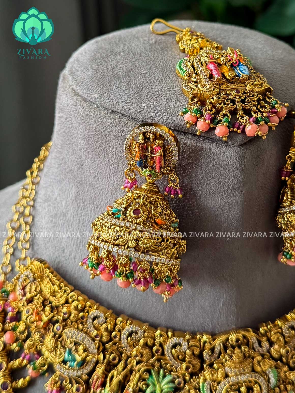 MADHURYA -  GRAND BRIDAL VINTAGE FINISH  MEENAKSHI KALYANAM SET handpainted - Traditional south indian premium neckwear with earrings- Zivara Fashion