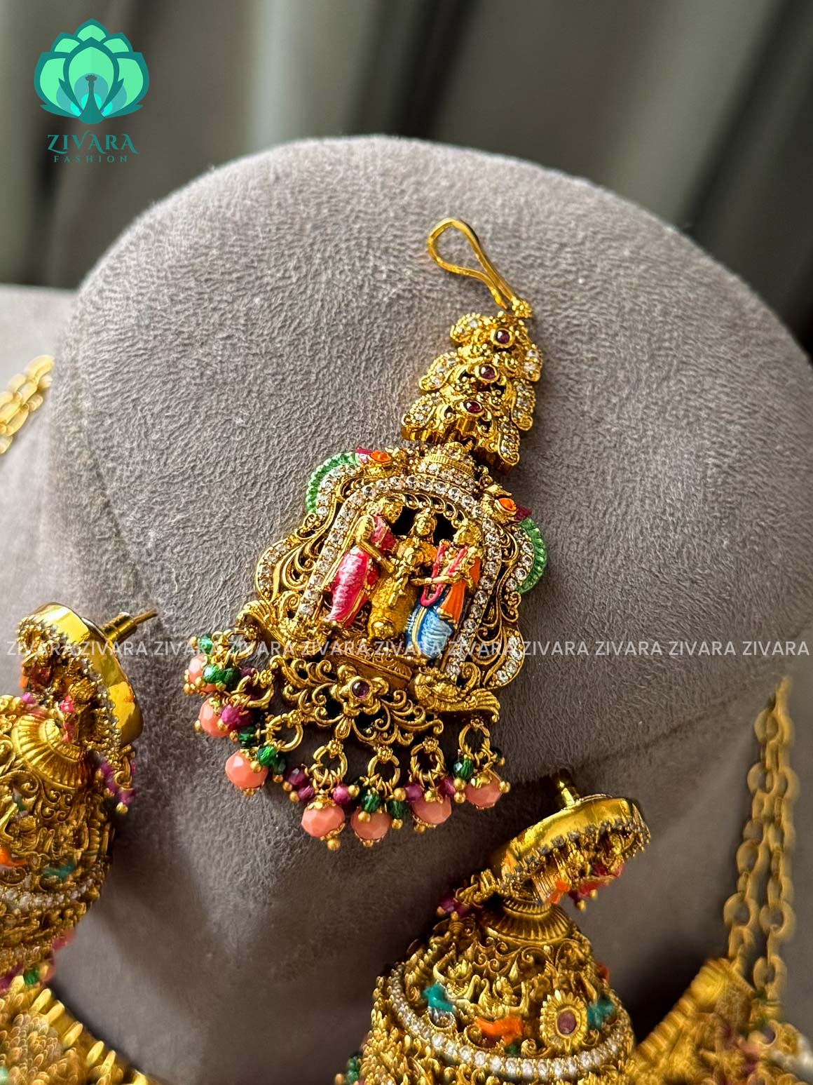 MADHURYA -  GRAND BRIDAL VINTAGE FINISH  MEENAKSHI KALYANAM SET handpainted - Traditional south indian premium neckwear with earrings- Zivara Fashion