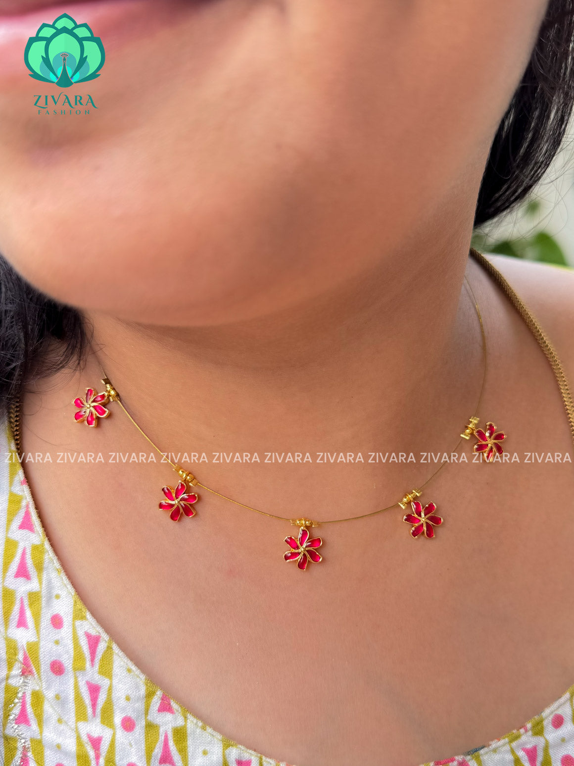 RUBY FLORAL - TAMARA INVISIBLE MINIMAL ELEGANT HANDMADE NECKLACE WITH BRILLIANT FINISH MOTIFS- ZIVARA FASHION