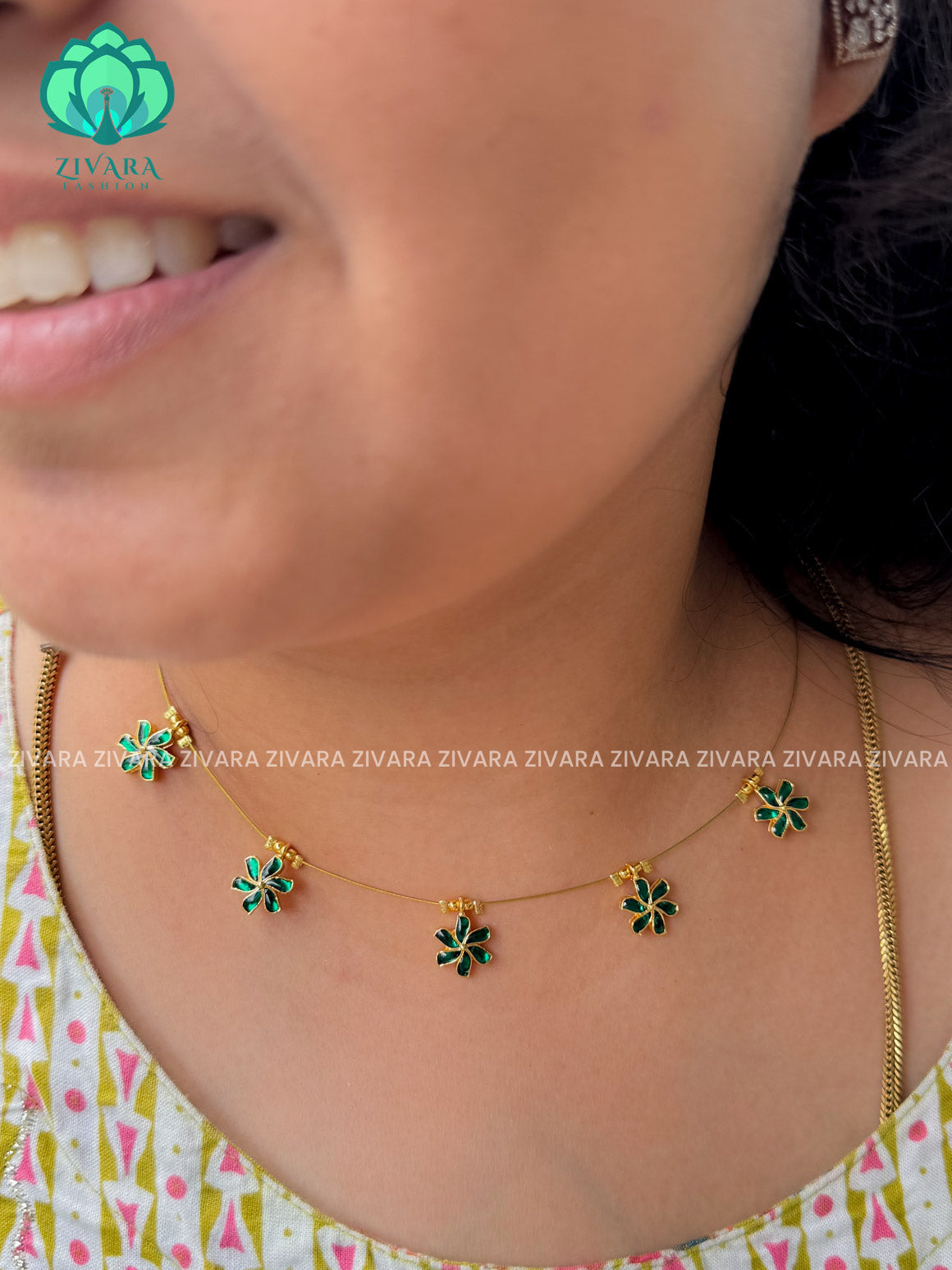 GREEN FLORAL - TAMARA INVISIBLE MINIMAL ELEGANT HANDMADE NECKLACE WITH BRILLIANT FINISH MOTIFS- ZIVARA FASHION