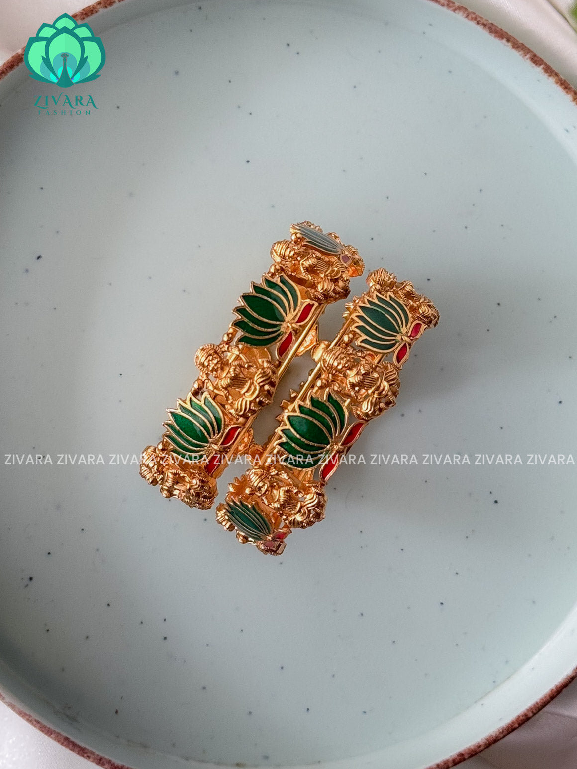 GREEN PINK ENAMEL LOTUS -2 PIECE  -NORMAL MATTE  FINISH bangles- latest jewellery collection- Zivara Fashion