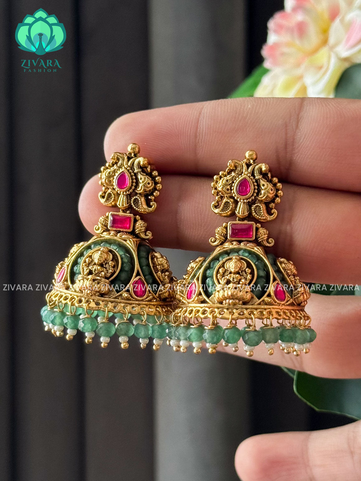 TEMPLE PEACOCK JADAU  JHUMKA WITH GREEN BEADS HANGINGS - TRADITIONAL PREMIUM MATTE  polish JHUMKA- latest jewellery collection- zivara fashion