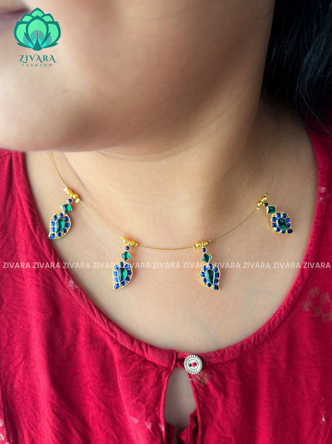 BLUE  AND GREEN - TAMARA- MANGO INVISIBLE MINIMAL ELEGANT HANDMADE NECKLACE WITH BRILLIANT FINISH MOTIFS- ZIVARA FASHION