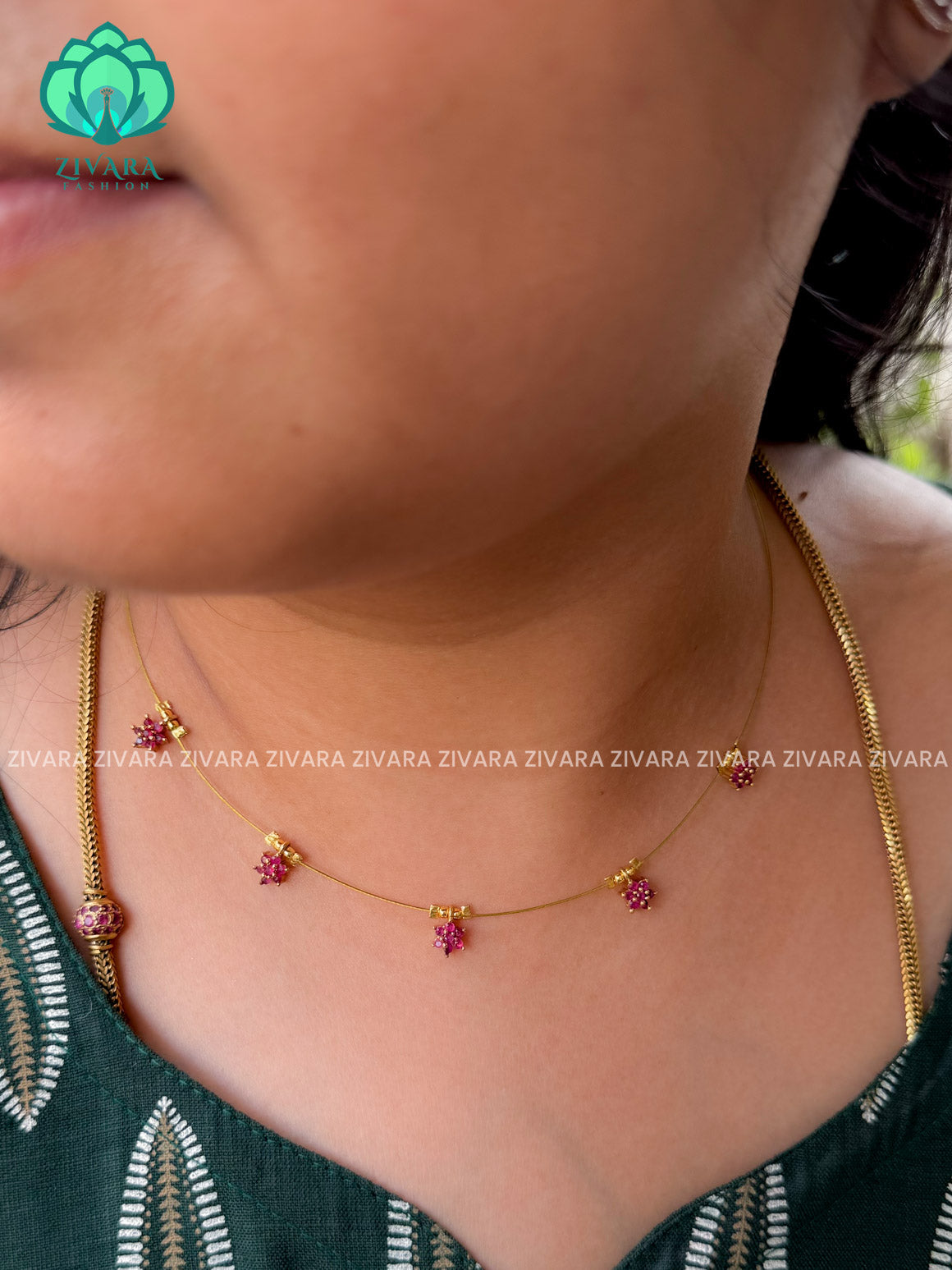 RUBY STONE - STAR TAMARA INVISIBLE MINIMAL ELEGANT HANDMADE NECKLACE WITH BRILLIANT FINISH MOTIFS- ZIVARA FASHION