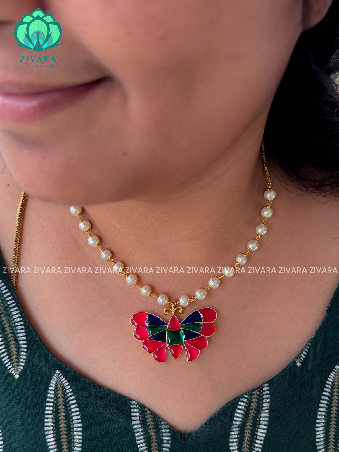 BLUE PINK AND GREEN - TAMARA-Butterfly pearl chain necklace- Zivara fashion