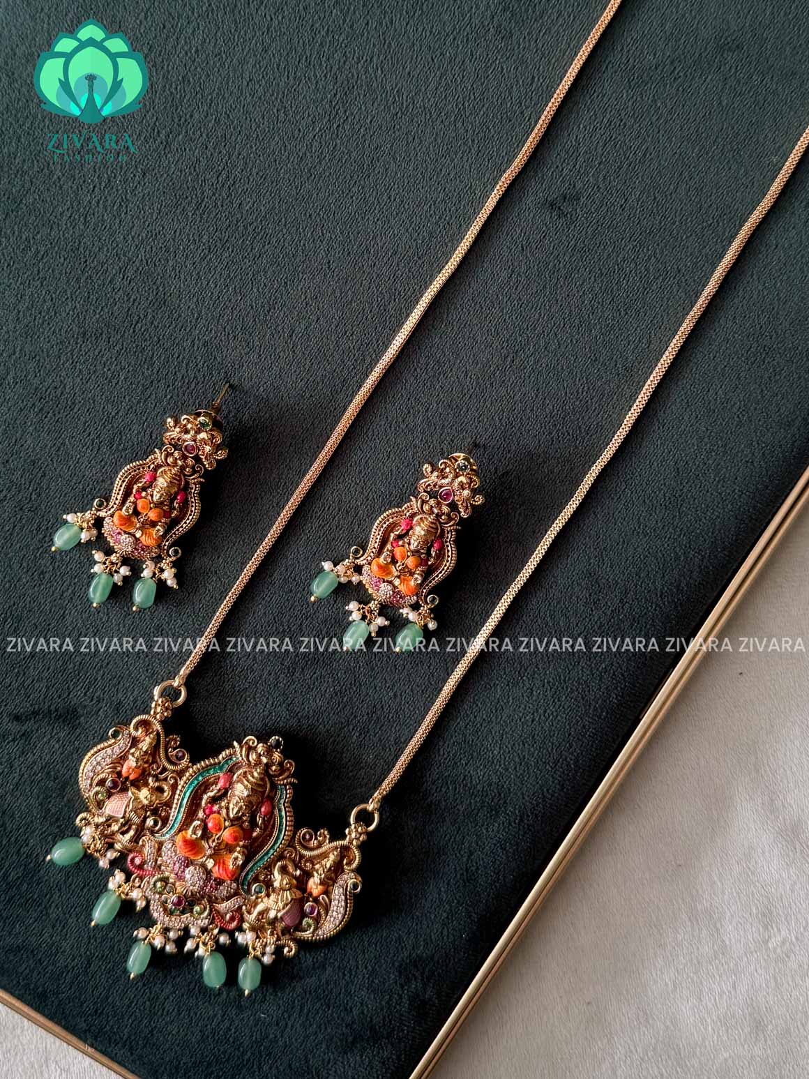 MADHURYA-HAND PAINTED-VINTAGE TEMPLE PENDANT WITH CHAIN - Traditional NORMAL MATTE polish MIDCHEST neckwear with earrings- Zivara Fashion
