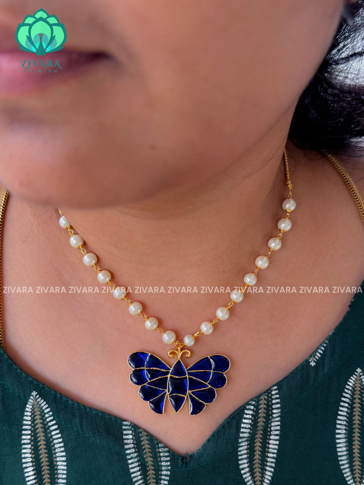 BLUE  - TAMARA-Butterfly pearl chain necklace- Zivara fashion