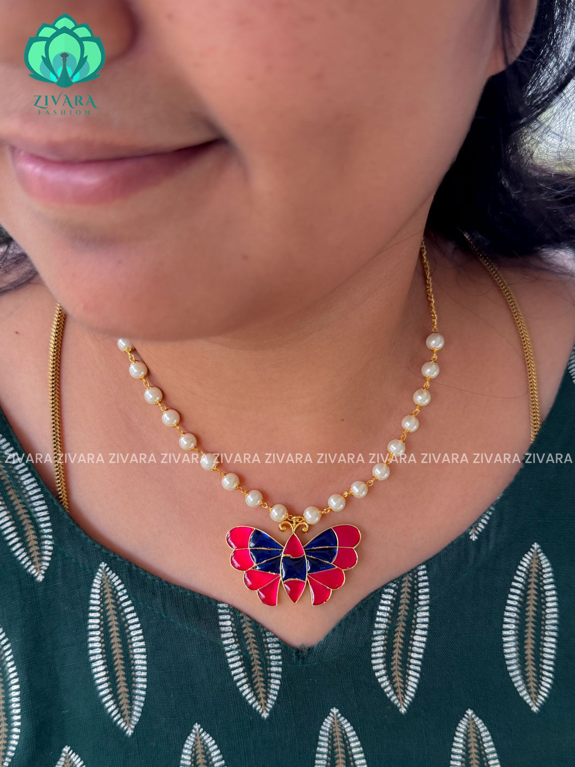 BLUE PINK- TAMARA-Butterfly pearl chain necklace- Zivara fashion