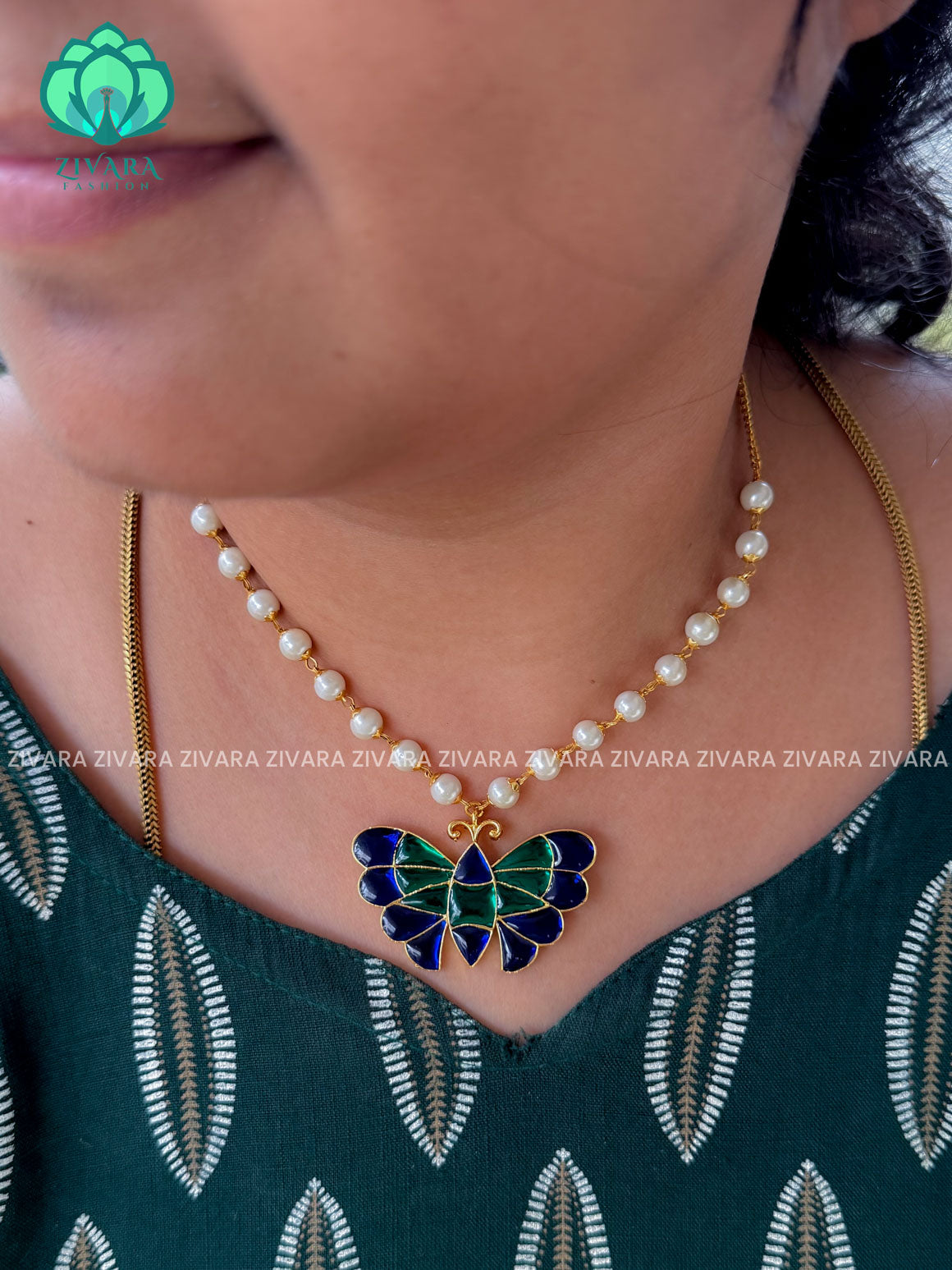 BLUE  AND GREEN - TAMARA-Butterfly pearl chain necklace- Zivara fashion