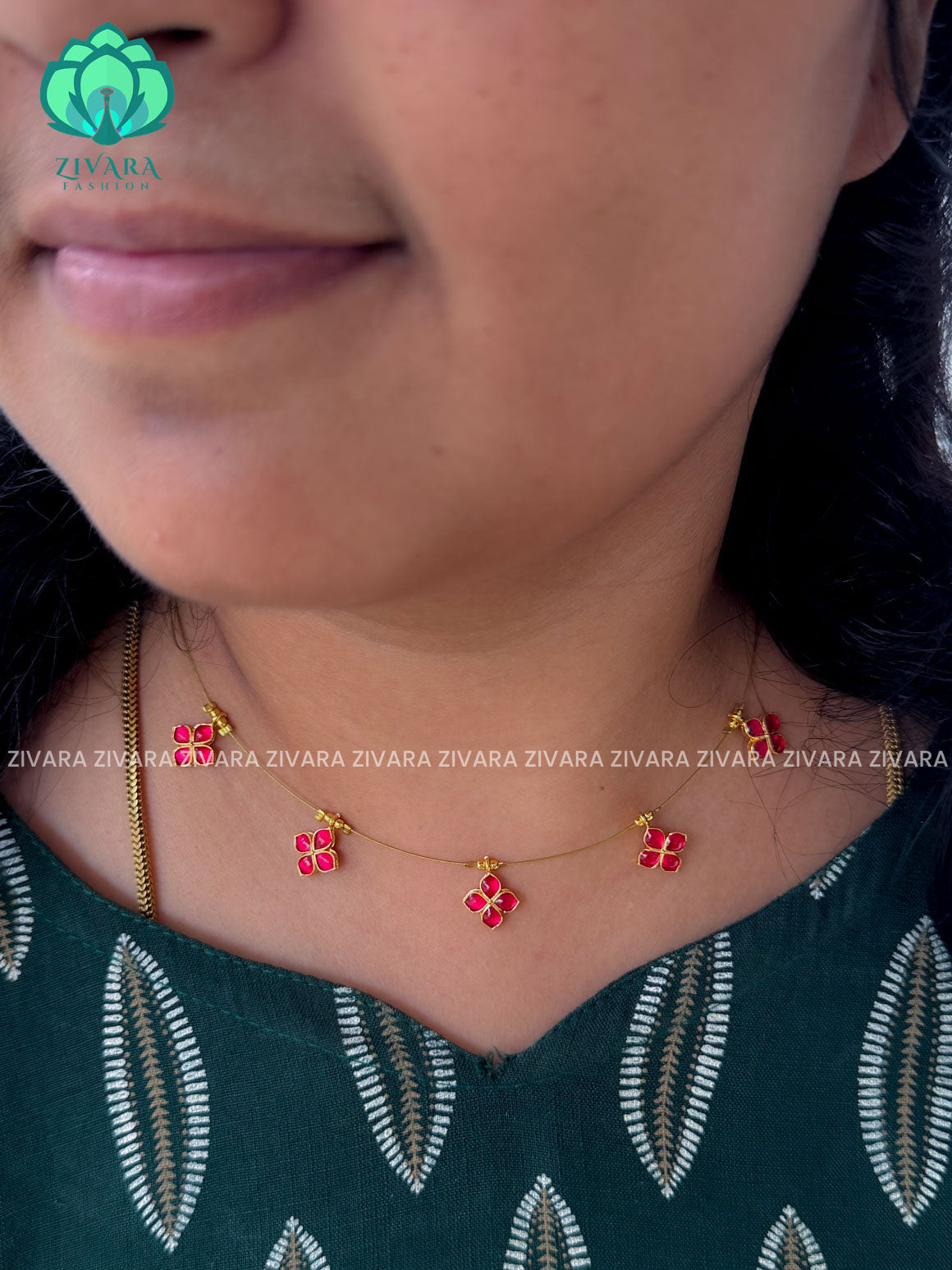 PINK - TAMARA - DIAMOND INVISIBLE MINIMAL ELEGANT HANDMADE NECKLACE WITH BRILLIANT FINISH MOTIFS- ZIVARA FASHION