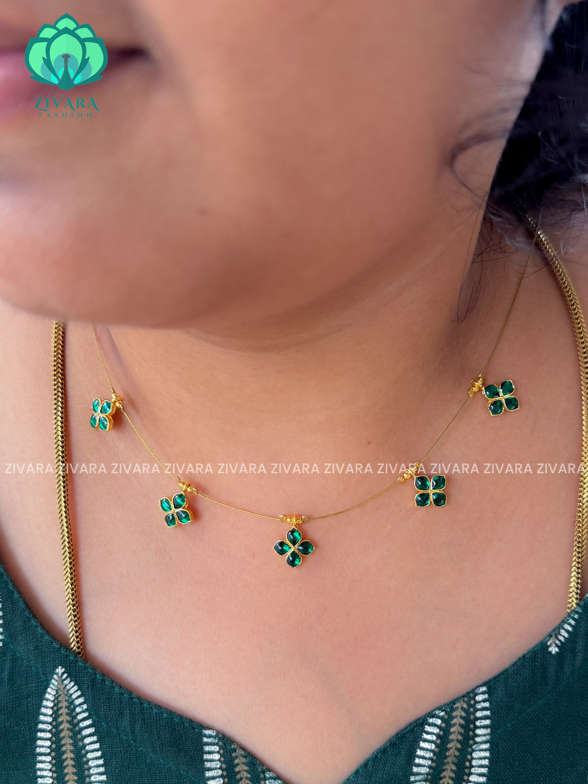 GREEN - TAMARA - DIAMOND INVISIBLE MINIMAL ELEGANT HANDMADE NECKLACE WITH BRILLIANT FINISH MOTIFS- ZIVARA FASHION