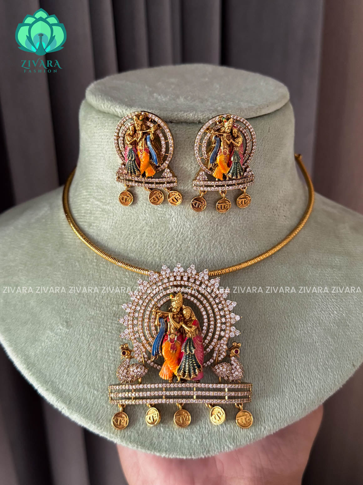 MADHURYA -  Radhe Krishna HASLI  handpainted - Traditional south indian premium neckwear with earrings- Zivara Fashion- latest jewellery design
