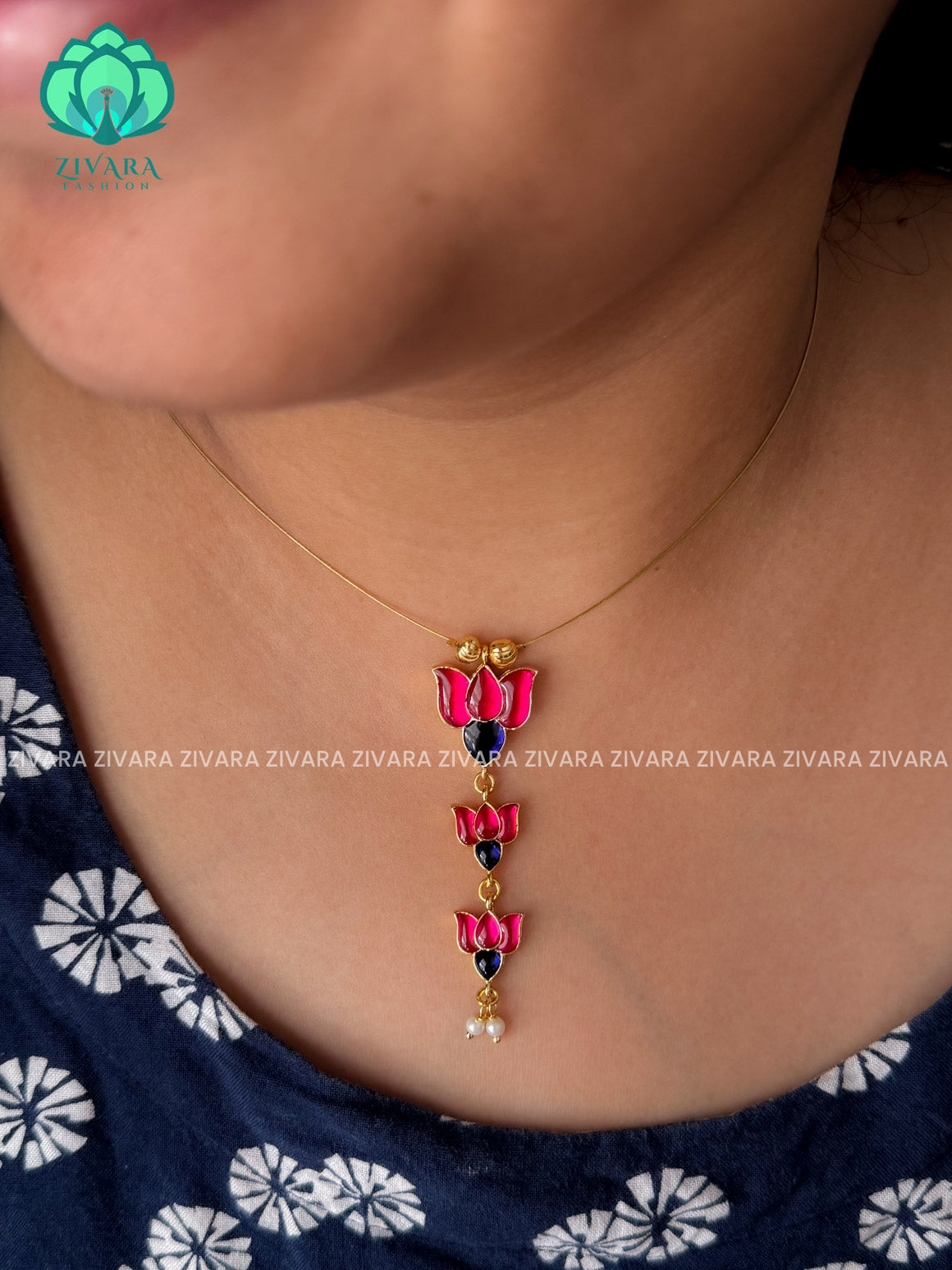 PINK AND BLUE  - TAMARA- LONG PENDANT  INVISIBLE MINIMAL ELEGANT HANDMADE NECKLACE WITH BRILLIANT FINISH MOTIFS- ZIVARA FASHION