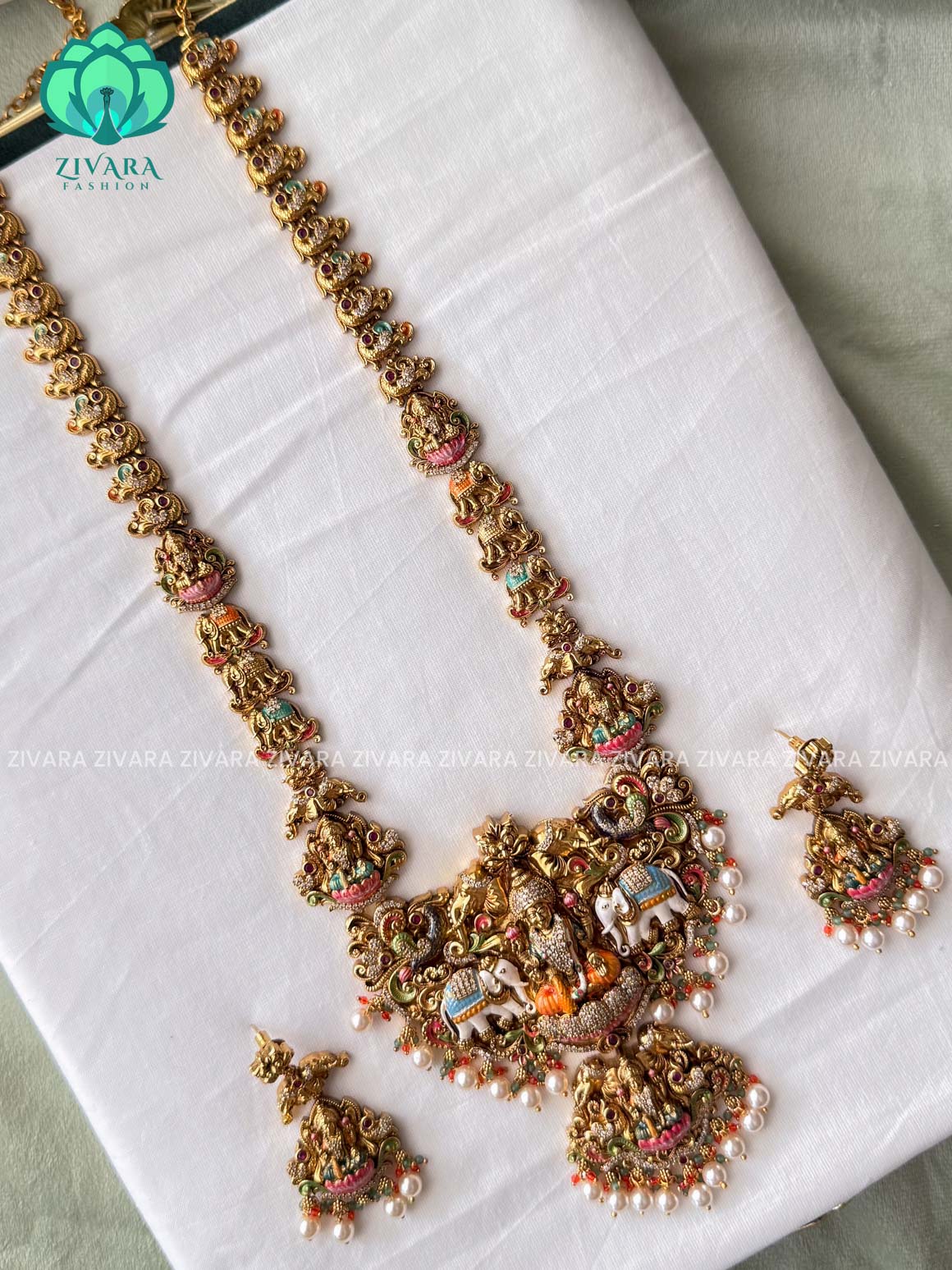 MADHURYA -  GRAND BRIDAL GAJA LAKSHMI haram handpainted - Traditional south indian premium neckwear with earrings- Zivara Fashion