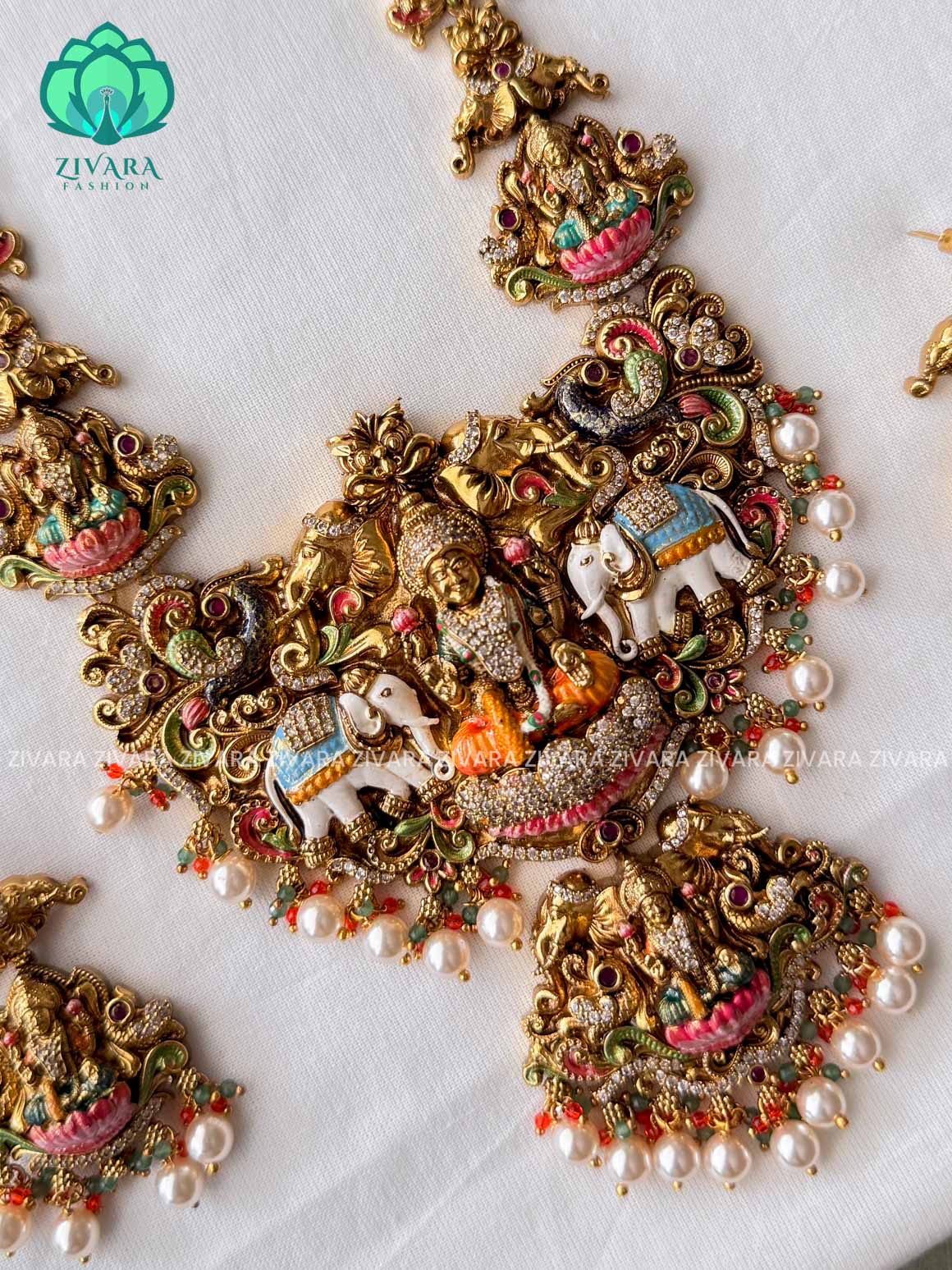 MADHURYA -  GRAND BRIDAL GAJA LAKSHMI haram handpainted - Traditional south indian premium neckwear with earrings- Zivara Fashion