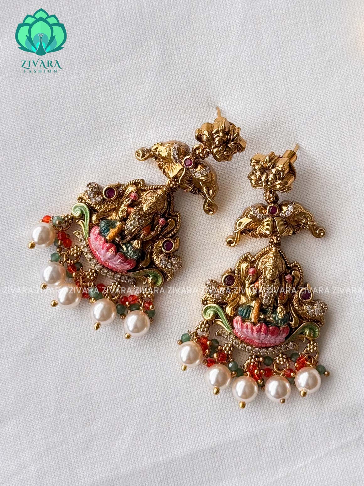 MADHURYA -  GRAND BRIDAL GAJA LAKSHMI haram handpainted - Traditional south indian premium neckwear with earrings- Zivara Fashion