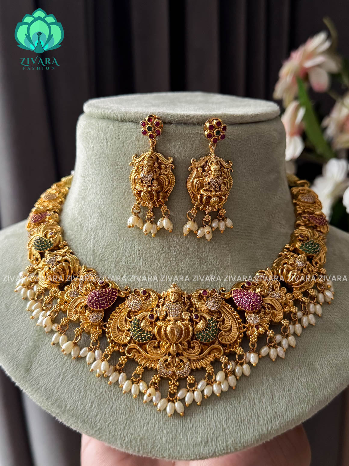 Akshayam - TEMPLE NECKWEAR WITH HANGINGS - bridal temple neckwear -Traditional south indian premium neckwear with earrings- Zivara Fashion- latest jewellery design