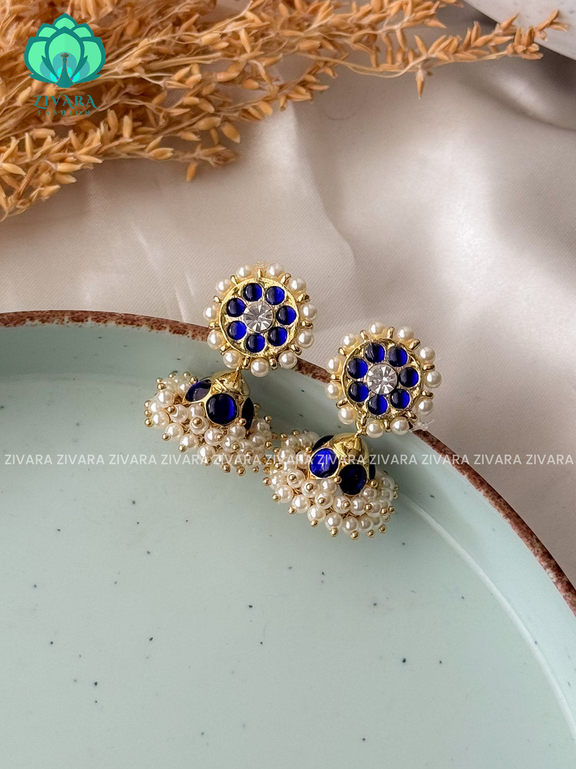 BLUE MATHANGI- JHUMKA- REAL KEMP BHARATHANATYAM DANCE PREMIUM JEWELLERY (PREORDER WITH 3 TO 10 DAYS DISPATCH TIME)