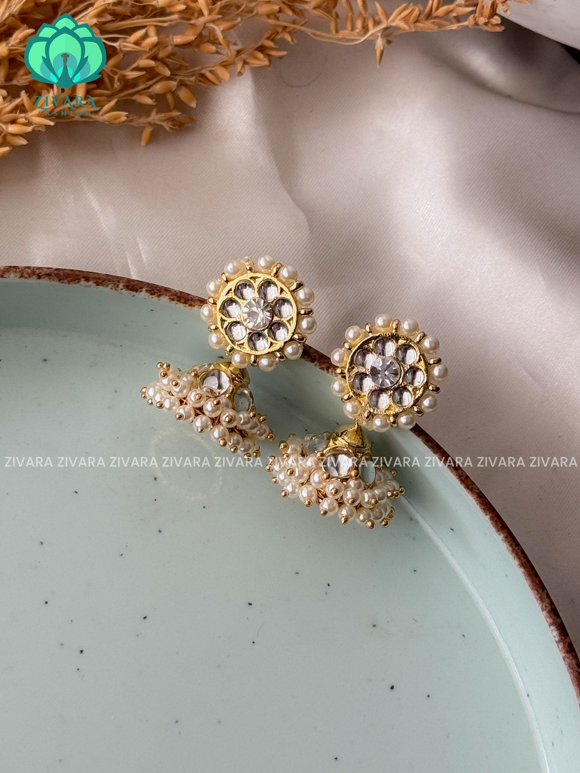 WHITE MATHANGI- JHUMKA- REAL KEMP BHARATHANATYAM DANCE PREMIUM JEWELLERY (PREORDER WITH 3 TO 10 DAYS DISPATCH TIME)