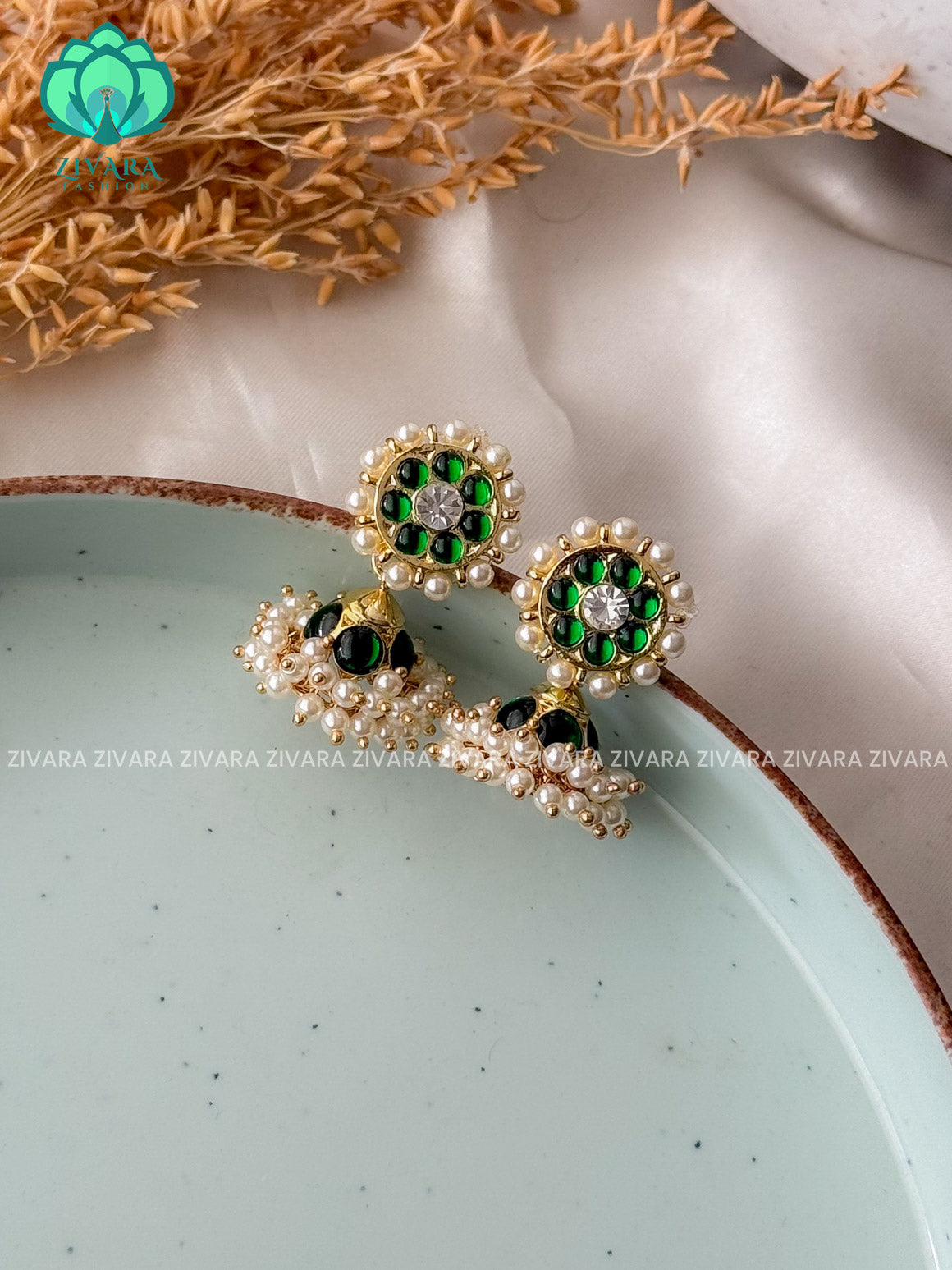 GREEN MATHANGI- JHUMKA- REAL KEMP BHARATHANATYAM DANCE PREMIUM JEWELLERY (PREORDER WITH 3 TO 10 DAYS DISPATCH TIME)