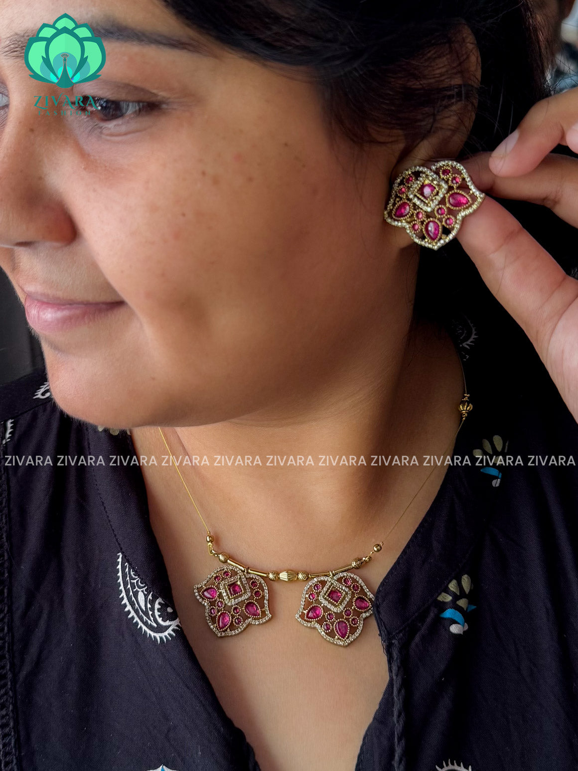RUBY  LEAFY TAMARA - MOTIF FREE INVISIBLE MINIMAL ELEGANT HANDMADE NECKLACE WITH BRILLIANT FINISH MOTIFS- ZIVARA FASHION
