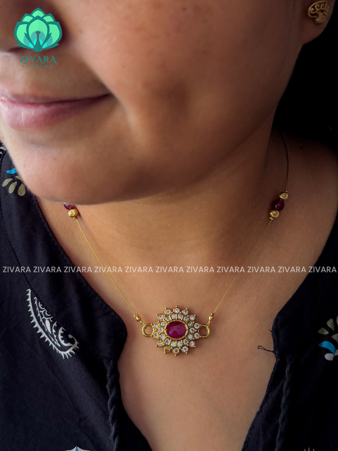RUBY - OVAL PENDANT  -TAMARA INVISIBLE MINIMAL ELEGANT HANDMADE NECKLACE WITH BRILLIANT FINISH MOTIFS- ZIVARA FASHION