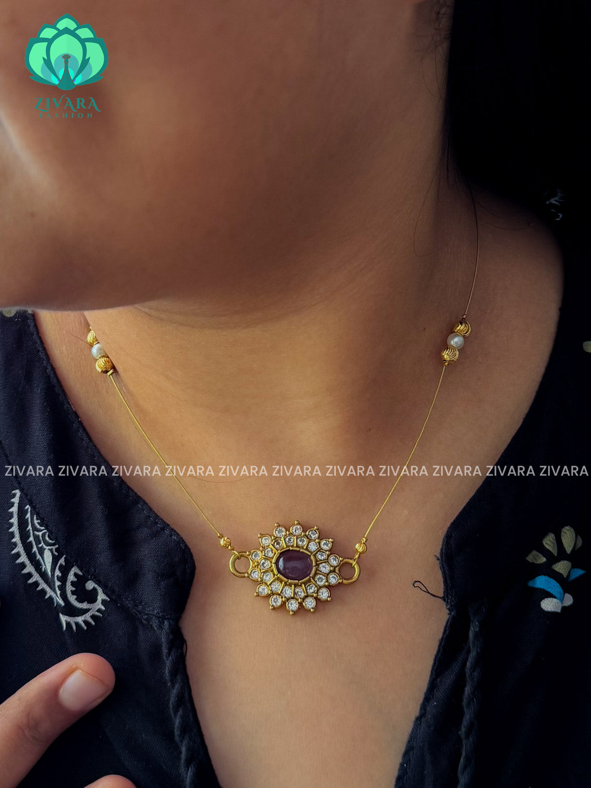 PURPLE - OVAL PENDANT  -TAMARA INVISIBLE MINIMAL ELEGANT HANDMADE NECKLACE WITH BRILLIANT FINISH MOTIFS- ZIVARA FASHION