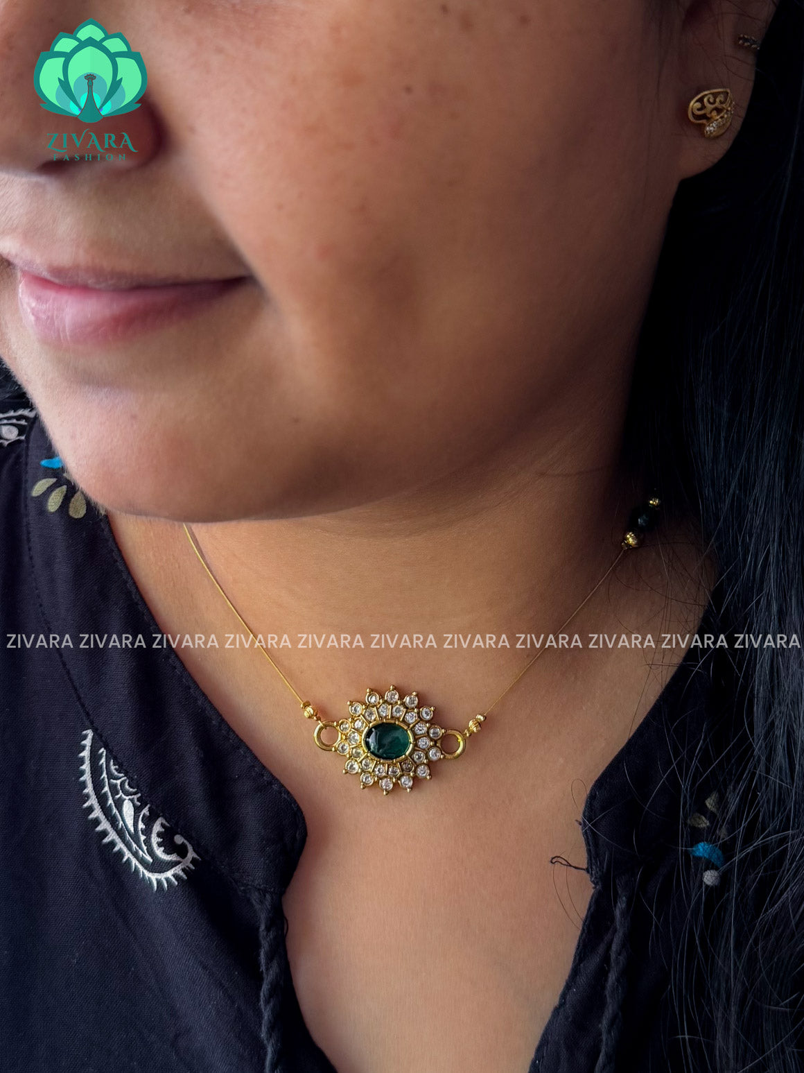 GREEN- OVAL PENDANT  -TAMARA INVISIBLE MINIMAL ELEGANT HANDMADE NECKLACE WITH BRILLIANT FINISH MOTIFS- ZIVARA FASHION