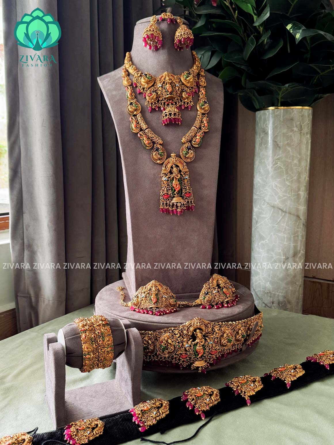 MADHURYA -  GRAND BRIDAL VINTAGE FINISH  KRISHNA LEELA  SET handpainted - Traditional south indian premium neckwear with earrings- Zivara Fashion