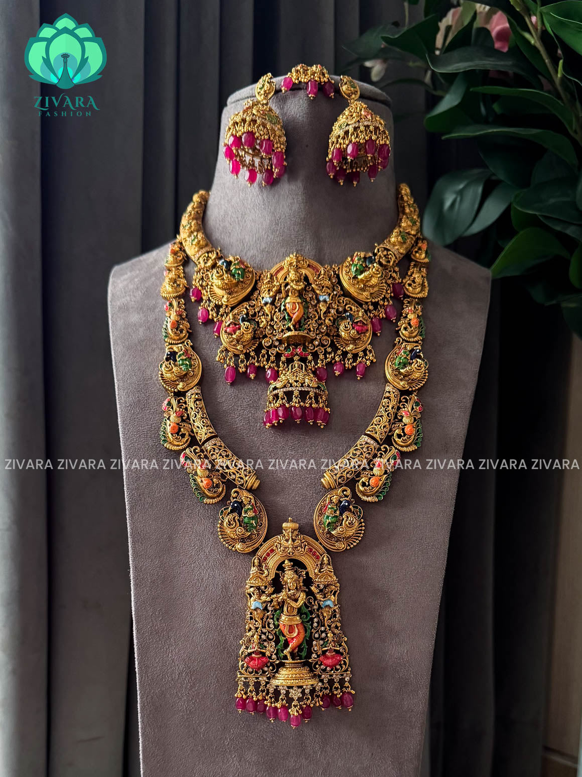 MADHURYA -  GRAND BRIDAL VINTAGE FINISH  KRISHNA LEELA  SET handpainted - Traditional south indian premium neckwear with earrings- Zivara Fashion