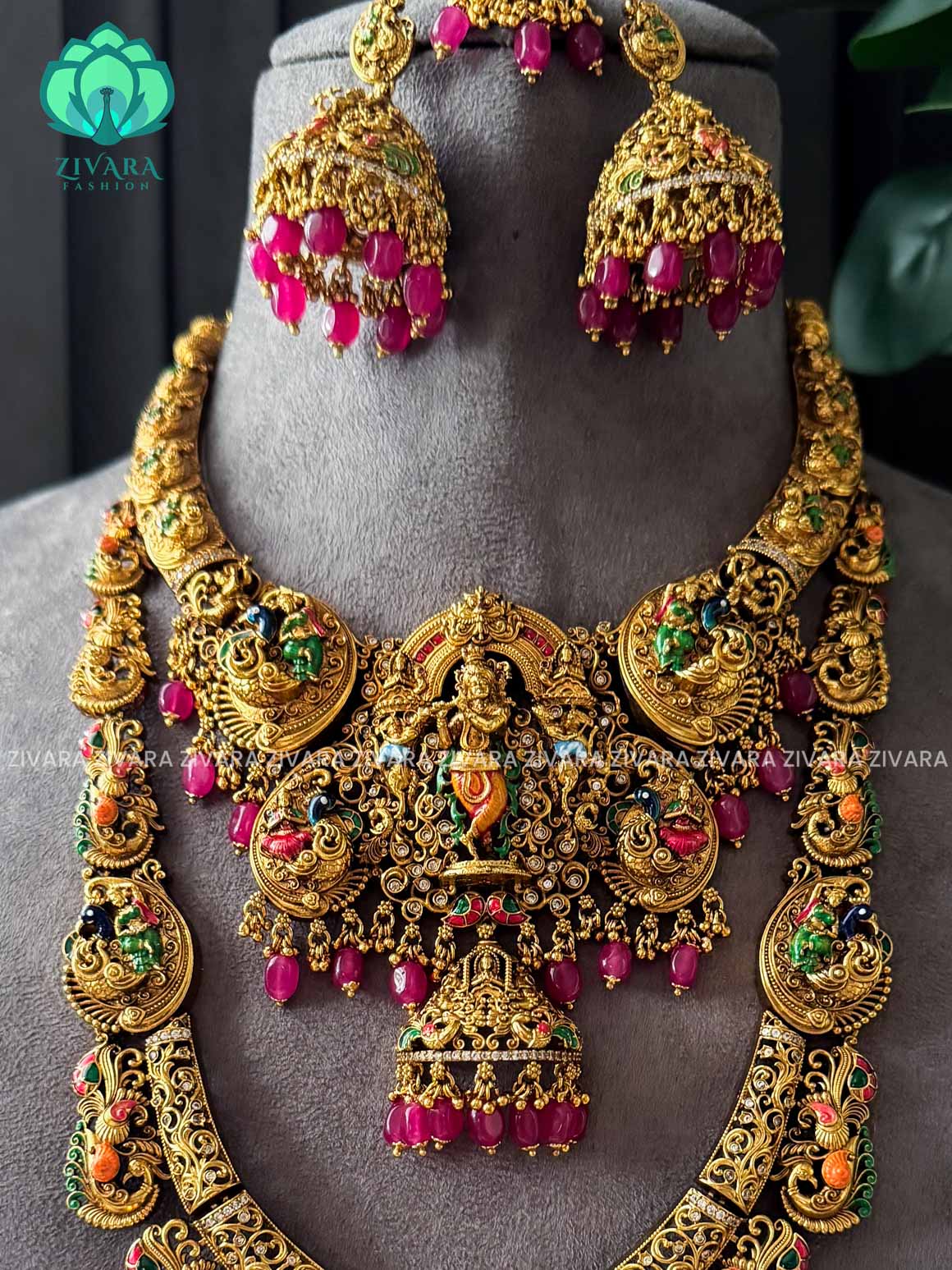 MADHURYA -  GRAND BRIDAL VINTAGE FINISH  KRISHNA LEELA  SET handpainted - Traditional south indian premium neckwear with earrings- Zivara Fashion