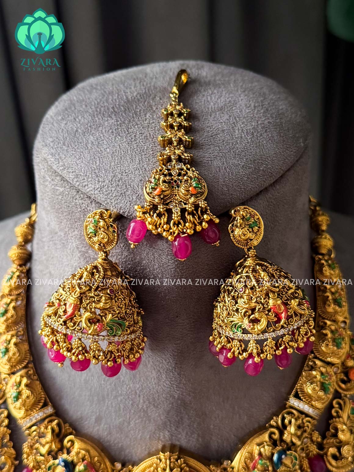 MADHURYA -  GRAND BRIDAL VINTAGE FINISH  KRISHNA LEELA  SET handpainted - Traditional south indian premium neckwear with earrings- Zivara Fashion