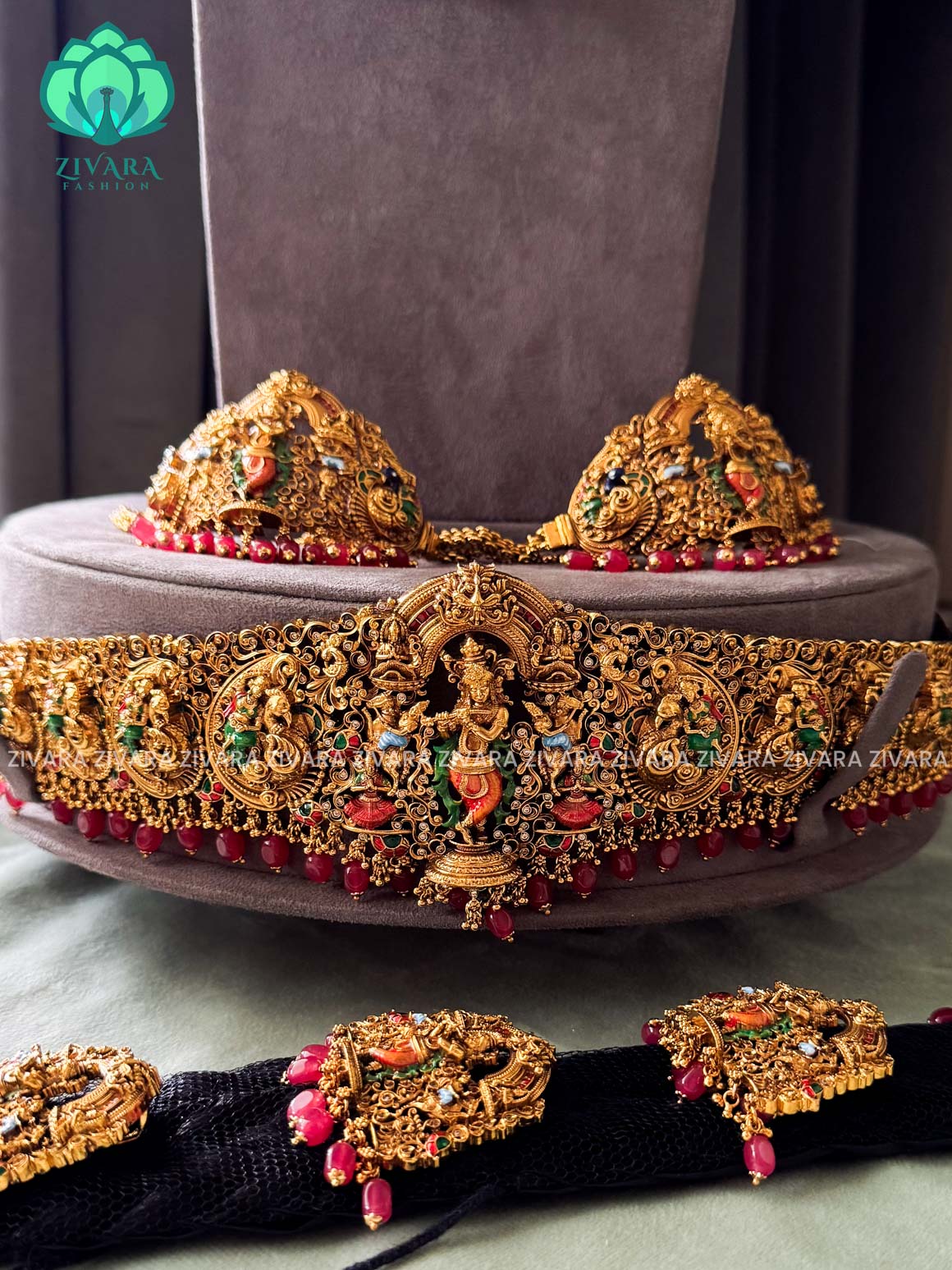 MADHURYA -  GRAND BRIDAL VINTAGE FINISH  KRISHNA LEELA  SET handpainted - Traditional south indian premium neckwear with earrings- Zivara Fashion