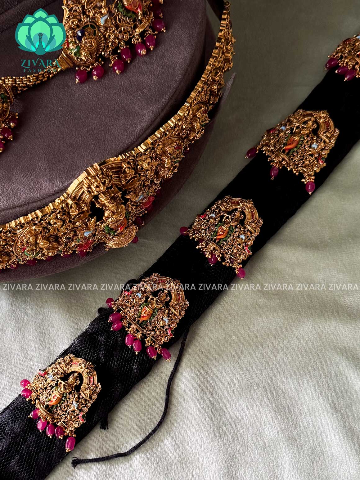 MADHURYA -  GRAND BRIDAL VINTAGE FINISH  KRISHNA LEELA  SET handpainted - Traditional south indian premium neckwear with earrings- Zivara Fashion