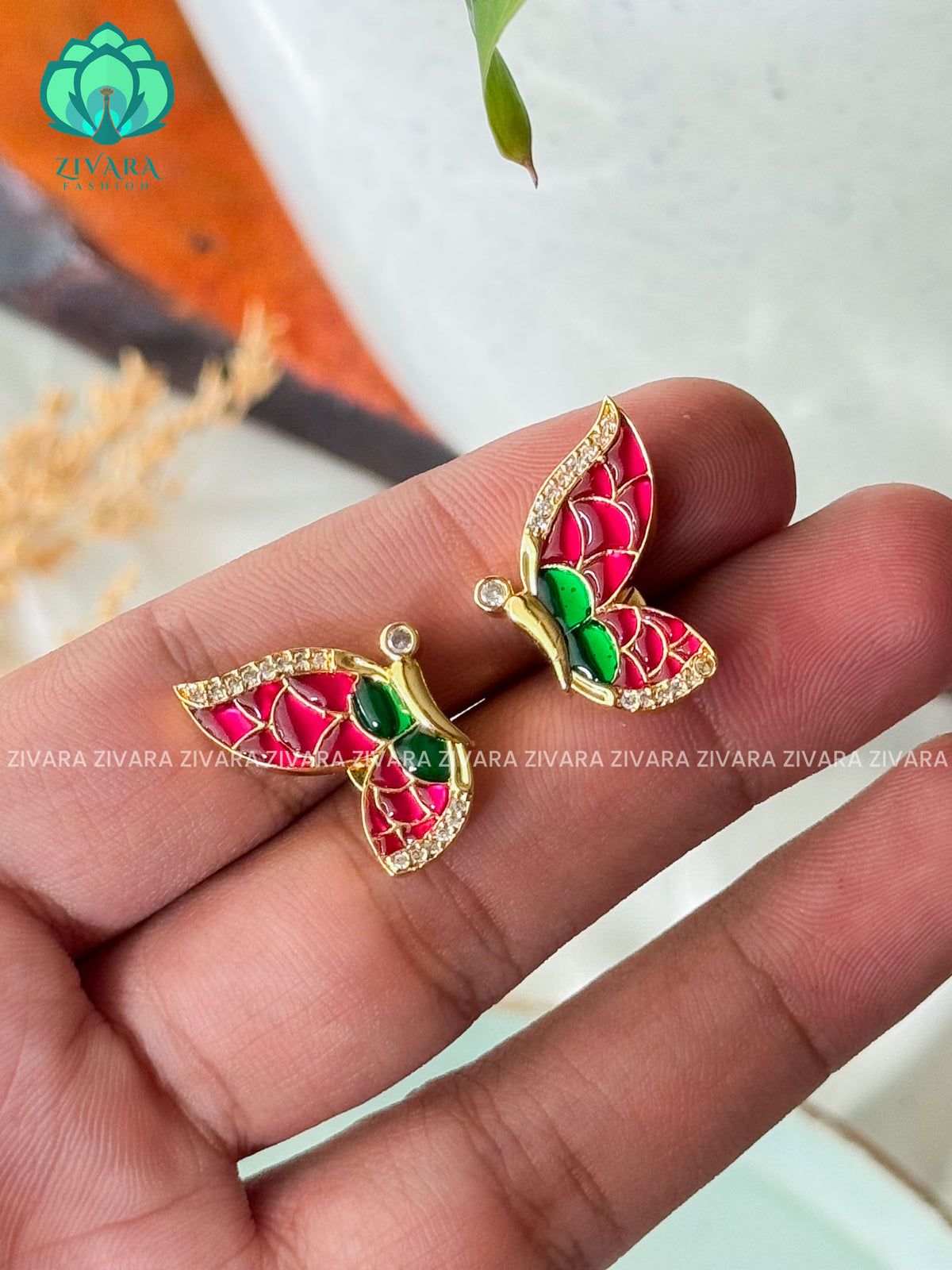 Pink Green & White Butterfly studs - latest jewellery collection- zivara fashion