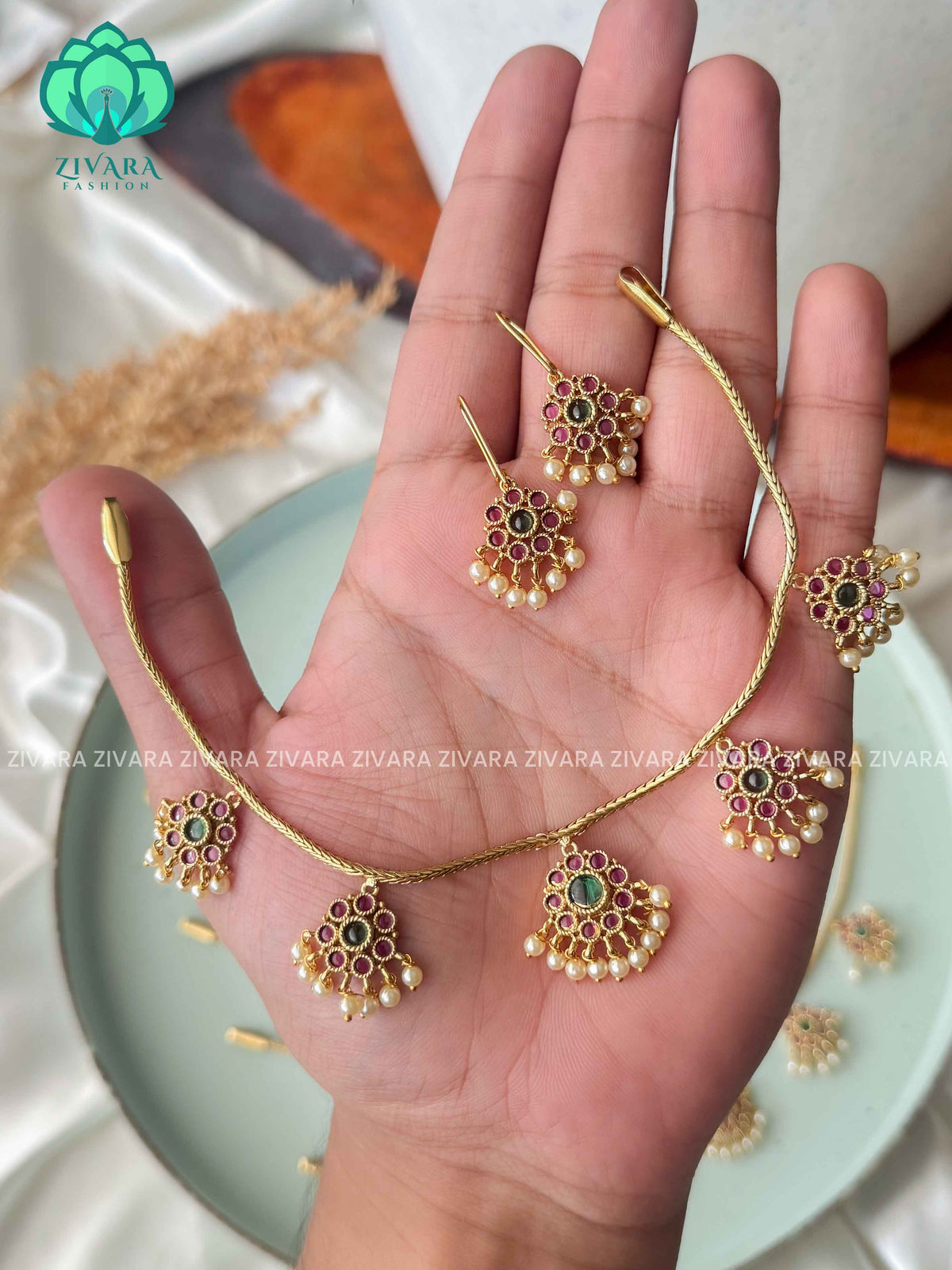RUBY & GREEN ATTIGAI - FLEXIBLE CHAIN WITH HANGING -Traditional south indian premium neckwear with earrings- Zivara Fashion- latest jewellery design