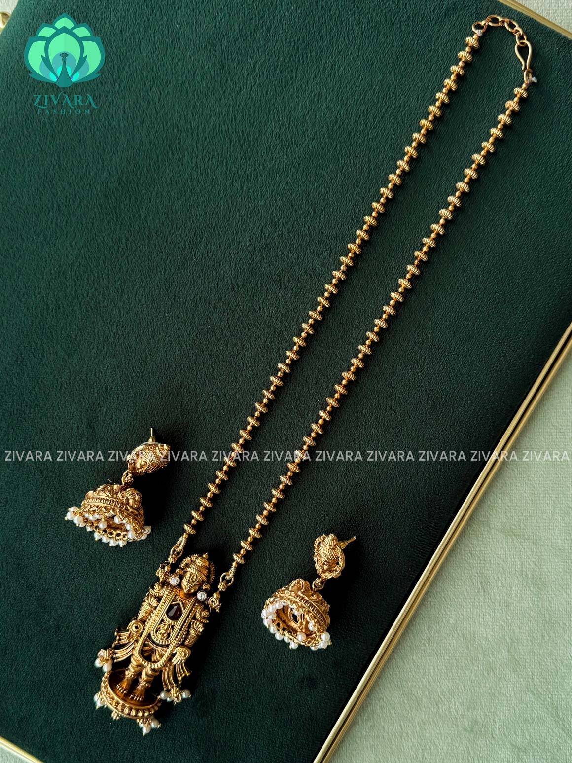VISHALI GOLD BALL AND THIRUMAL PENDANT BALL CHAIN - Traditional NORMAL MATTE polish MIDCHEST haaram/neckwear with earrings- Zivara Fashion