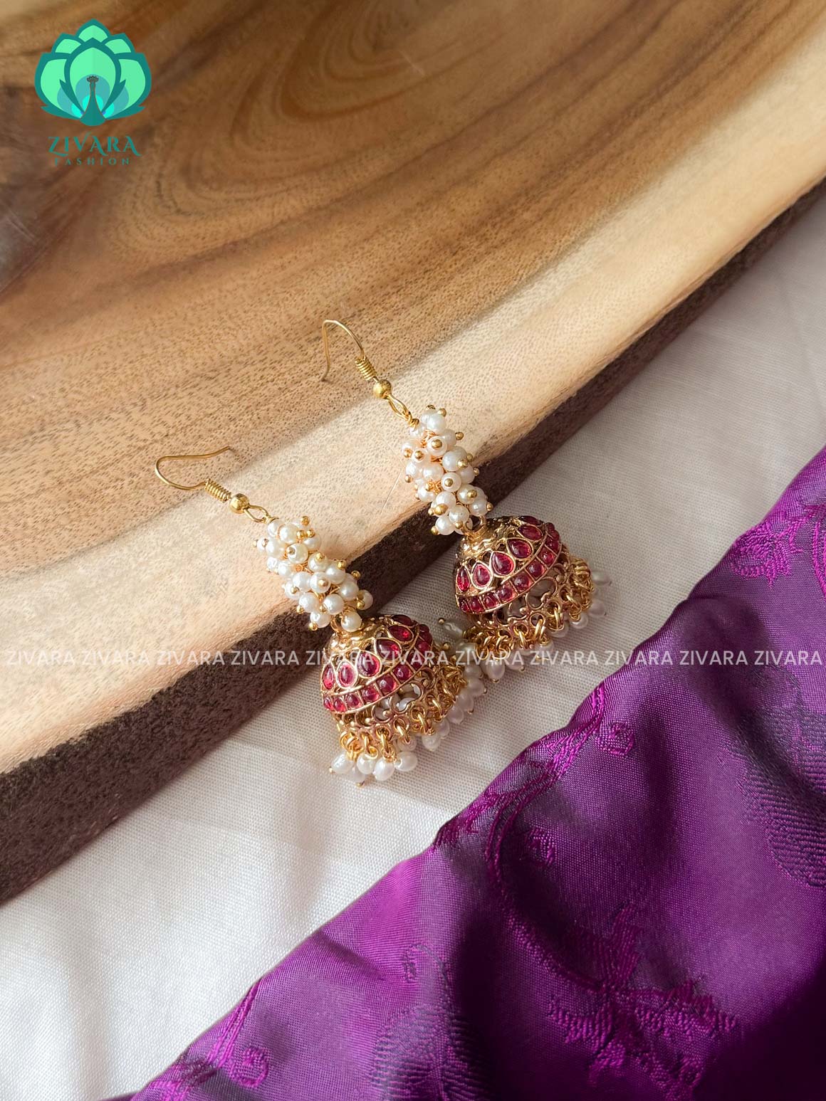 RUBY - Long Pearl cluster Hook jhuka - NORMAL MATTE polish JHUMKA - latest jewellery collection- zivara fashion