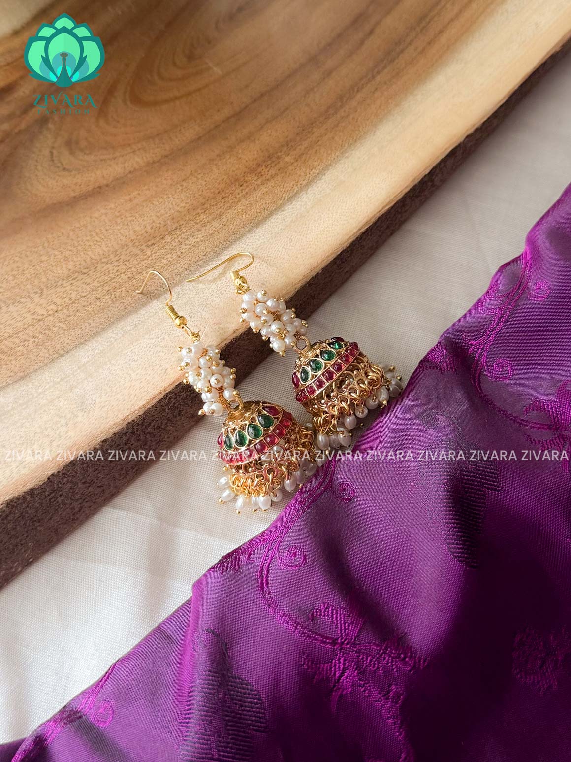 RUBY GREEN - Long Pearl cluster Hook jhuka - NORMAL MATTE polish JHUMKA - latest jewellery collection- zivara fashion