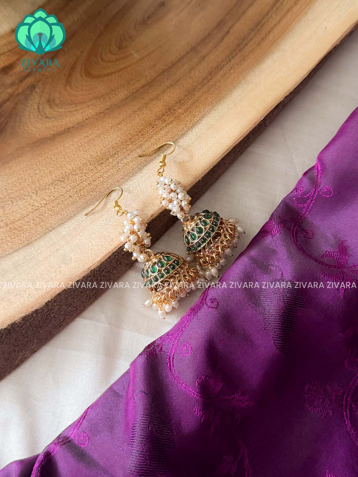 GREEN - Long Pearl cluster Hook jhuka - NORMAL MATTE polish JHUMKA - latest jewellery collection- zivara fashion