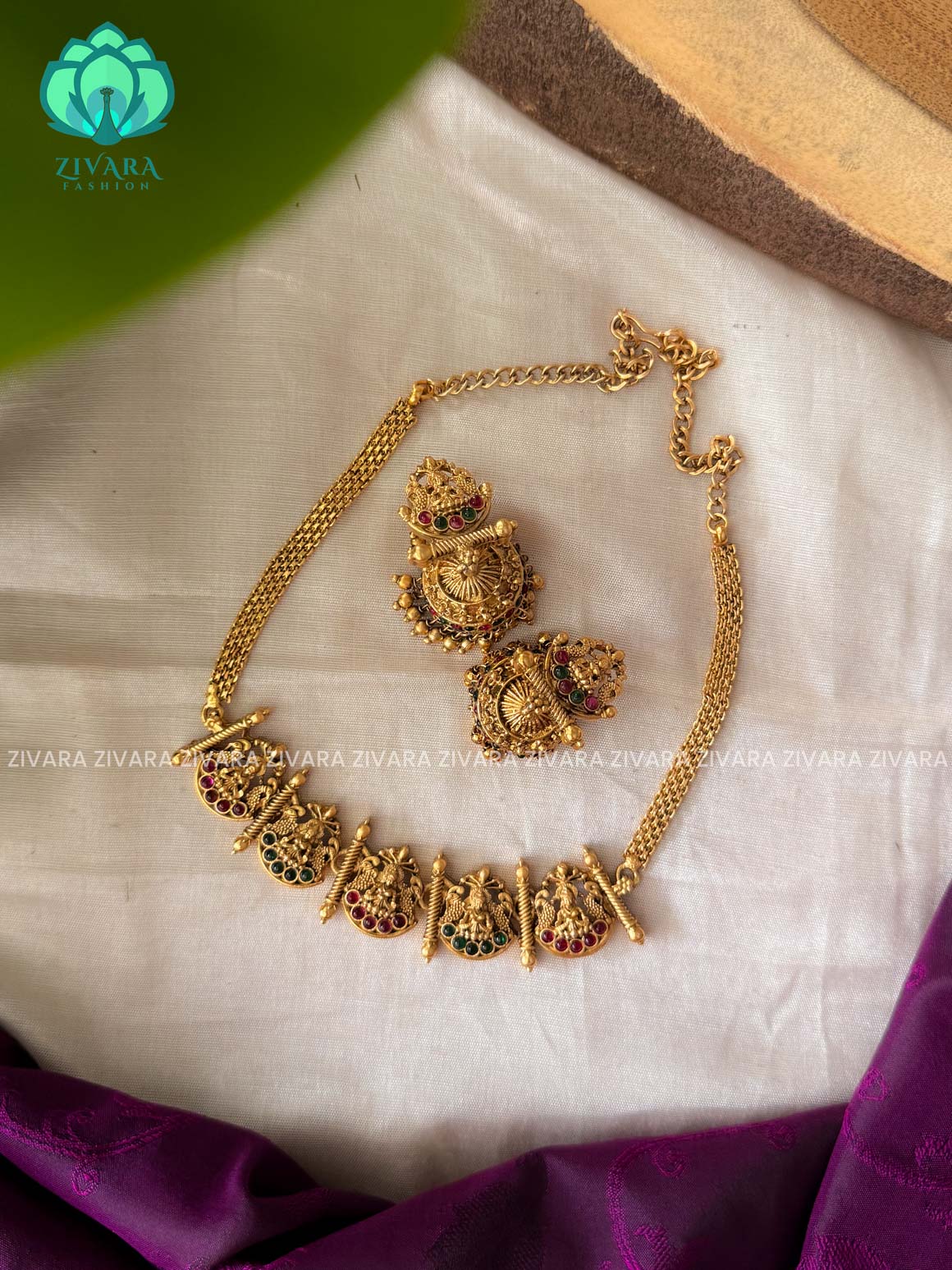 RUBY AND GREEN TEMPLE - Trending  normal quality temple choker with earrings-latest south indian jewellery