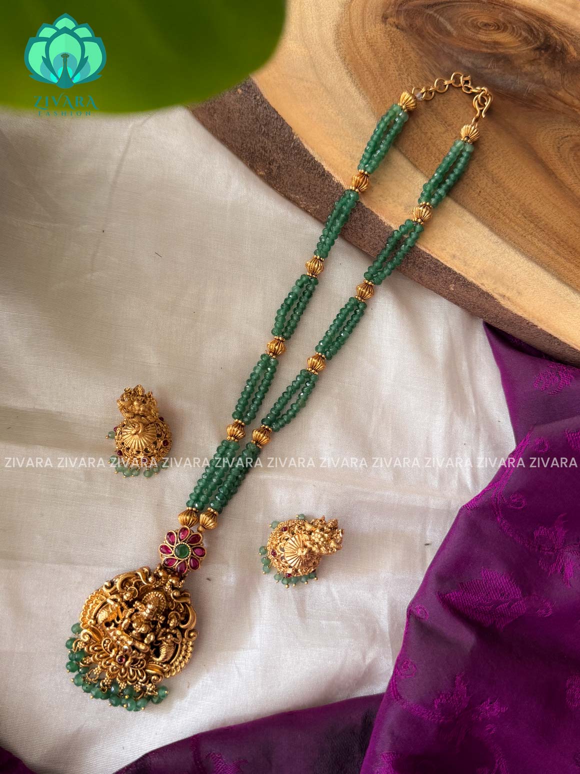 PASTEL GREEN BEADED - TRADITIONAL NORMAL MATTE MIDCHEST haaram/neckwear with earrings- Zivara Fashion