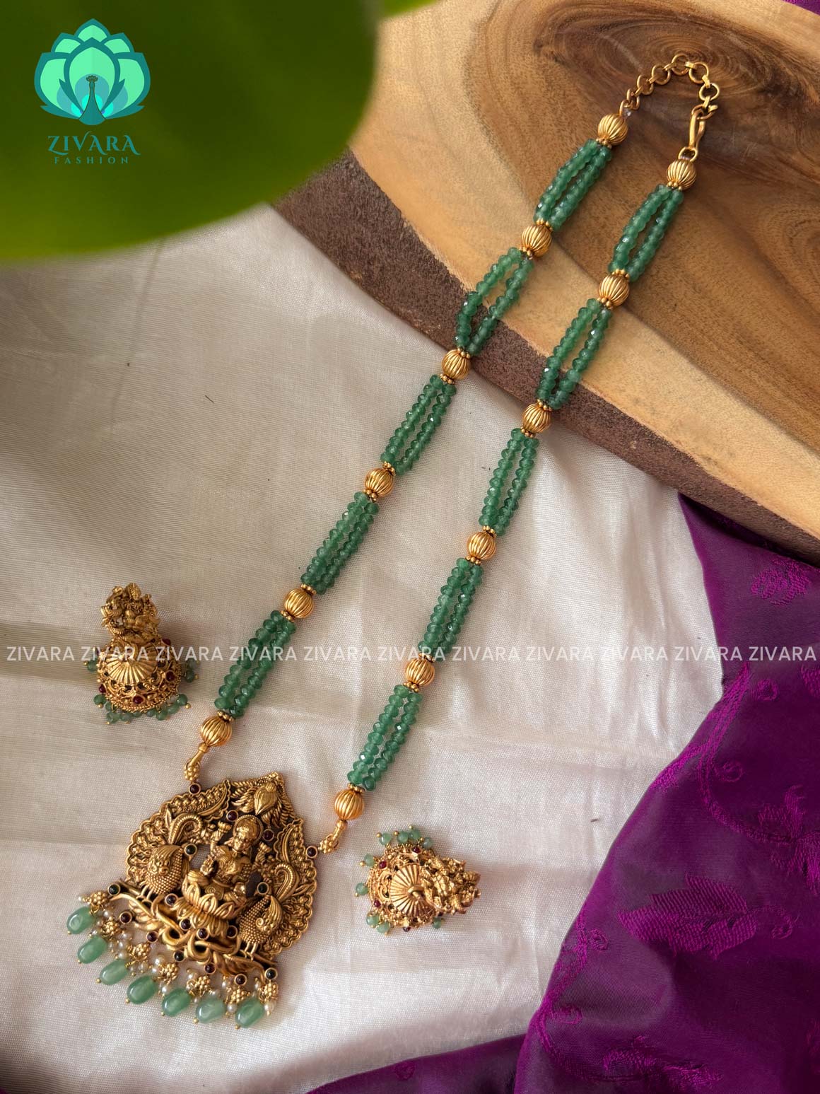 PASTEL GREEN BEADED - TRADITIONAL NORMAL MATTE MIDCHEST haaram/neckwear with earrings- Zivara Fashion