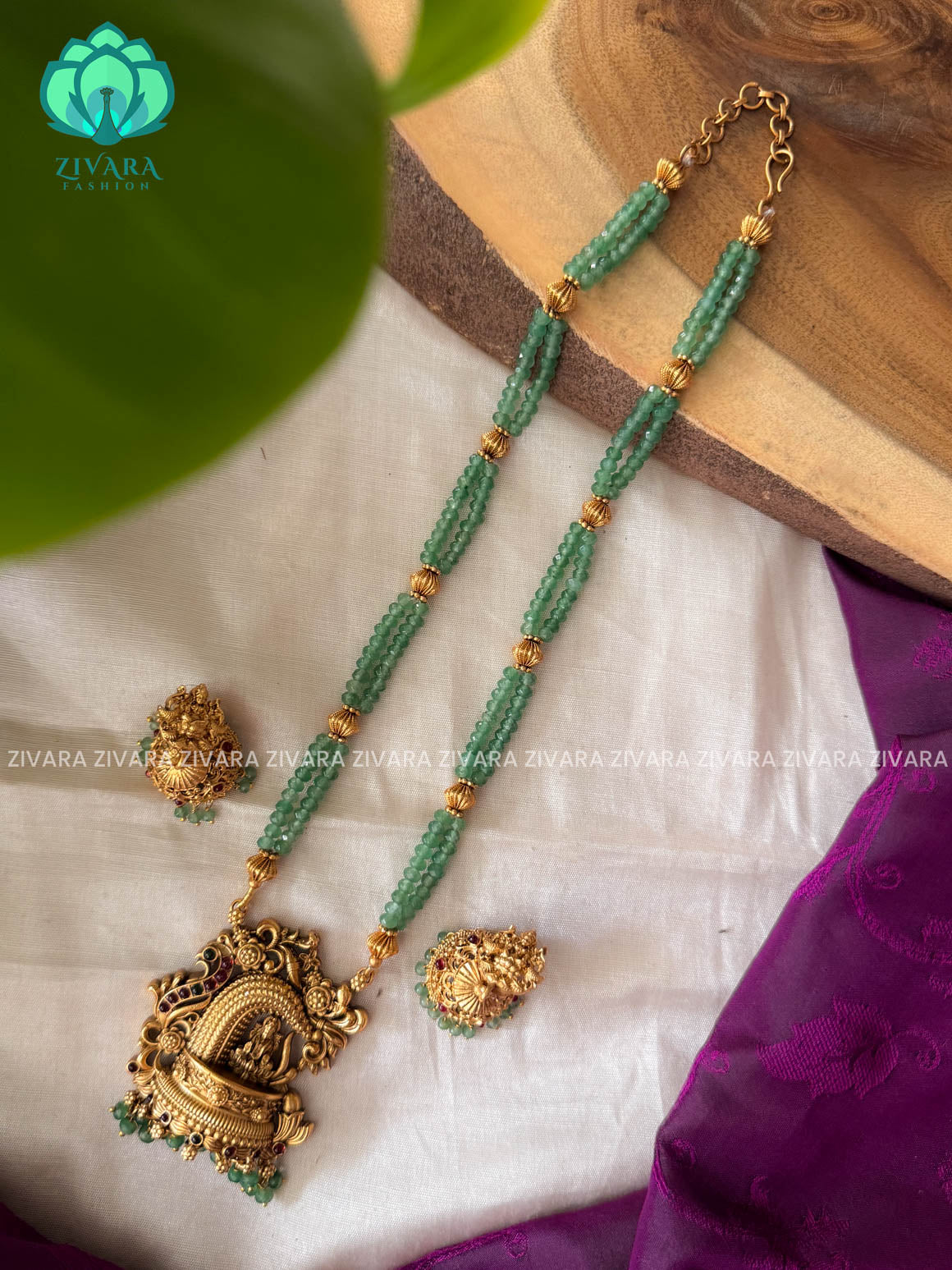 PASTEL GREEN BEADED - TRADITIONAL NORMAL MATTE MIDCHEST haaram/neckwear with earrings- Zivara Fashion