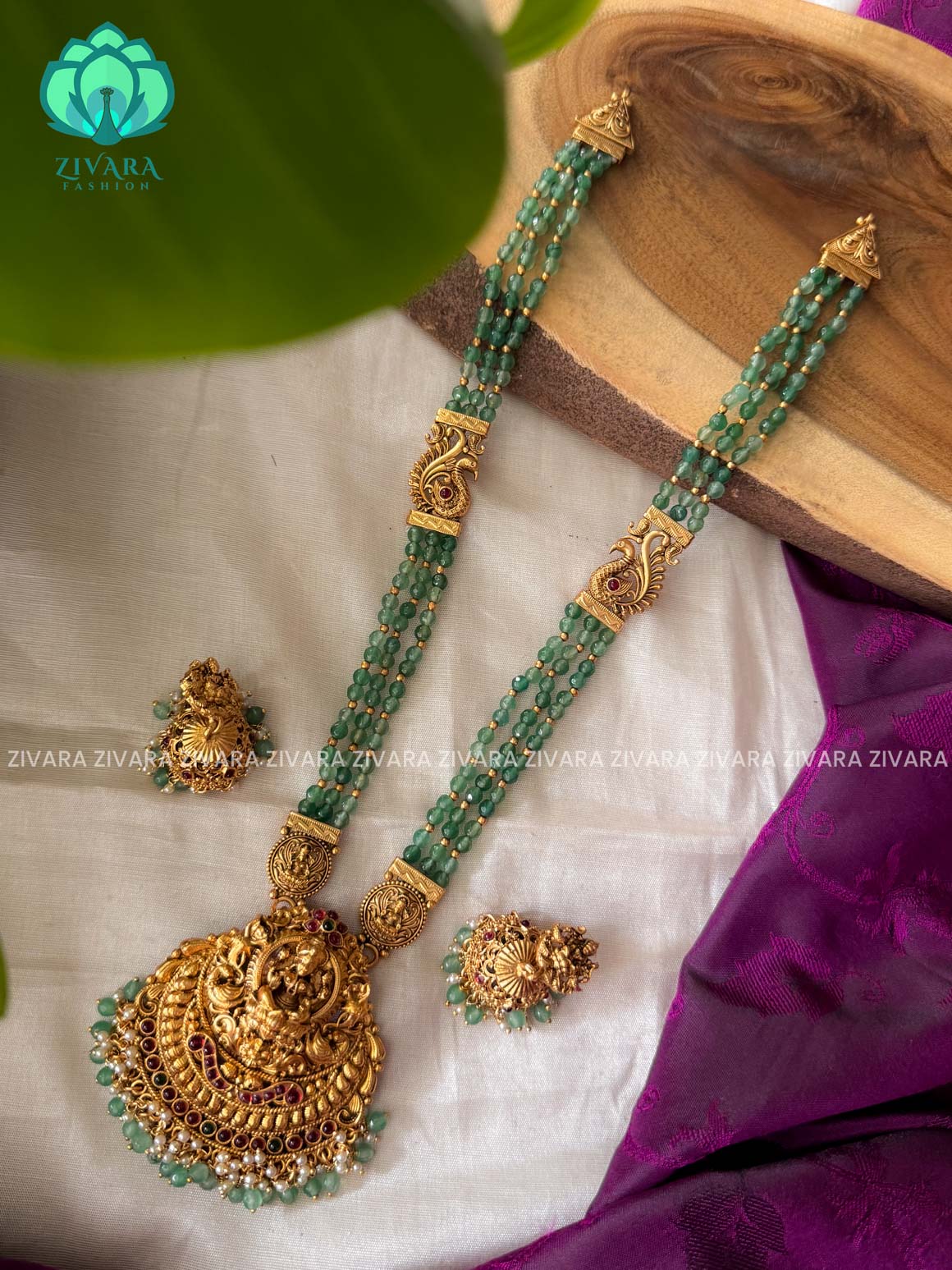 PASTEL GREEN BEADED - TRADITIONAL NORMAL MATTE MIDCHEST haaram/neckwear with earrings- Zivara Fashion