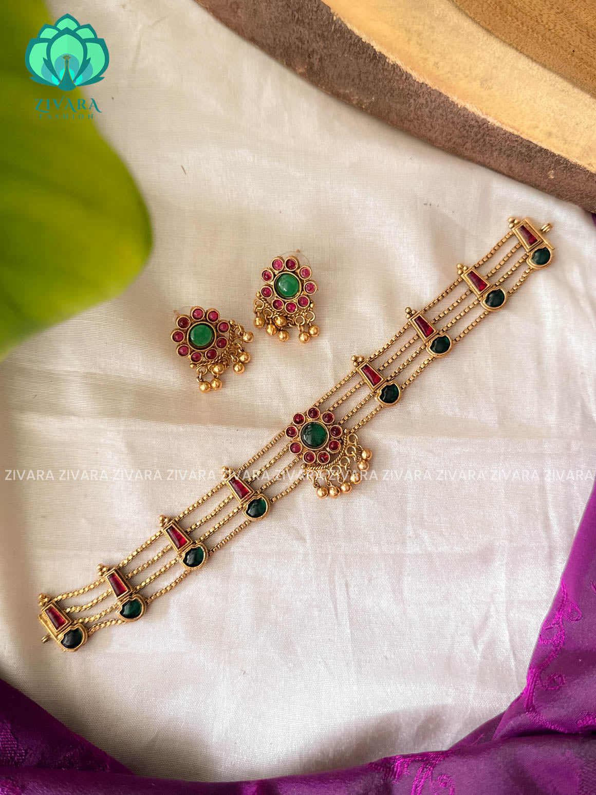 RUBY AND GREEN FLOWER SIMPLE CHAIN - Trending  normal quality temple choker with earrings-latest south indian jewellery